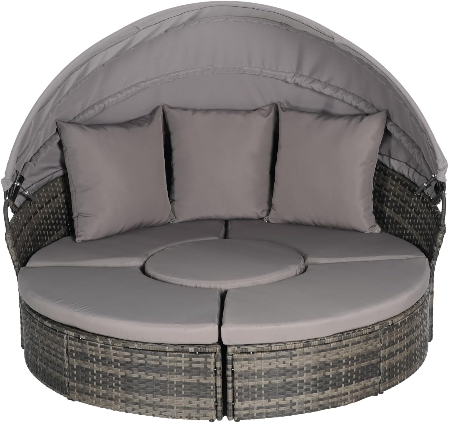 5pcs Outdoor Patio Round Daybed Set W/Retractable Canopy, Soft Cushions & Storable Table – Dark Gray Conversation for Porch, Backyard