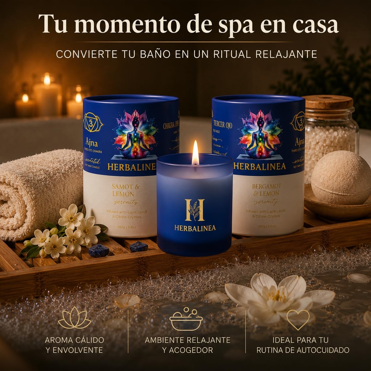 Candela profumata in 100% cera di soia con pietre naturali e fiori secchi, chakra del terzo occhio, candela profumata per meditazione, yoga e relax, decorazione zen, regalo originale per donna, 160 g