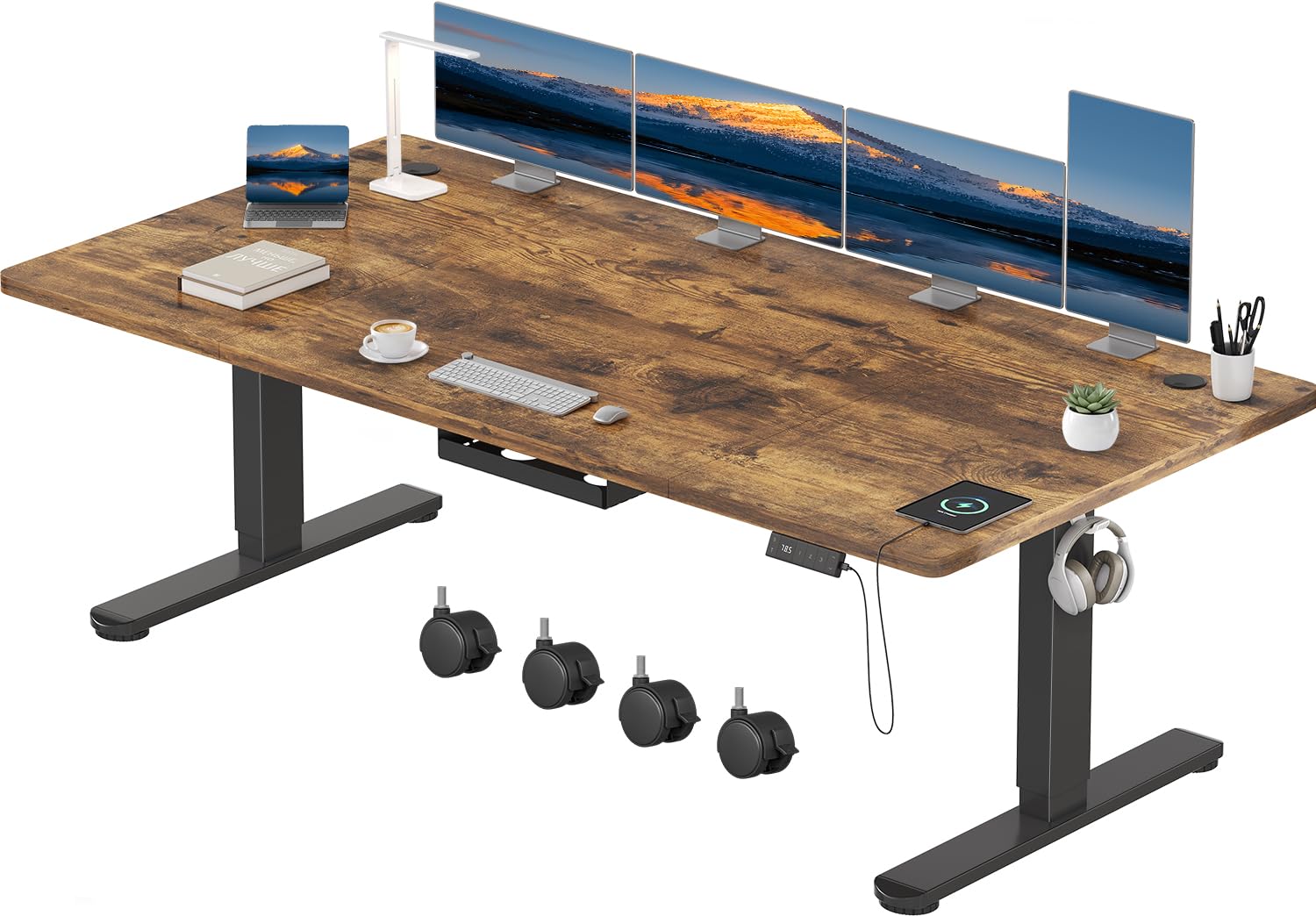 Devoko Scrivania Regolabile in Altezza 200x100 cm Marrone Ufficio con Ruote | Gestione cavi e Type-C, 4 livelli memoria, anticollisione, Regolazione fluida, silenziosa, ergonomica per ufficio e casa.
