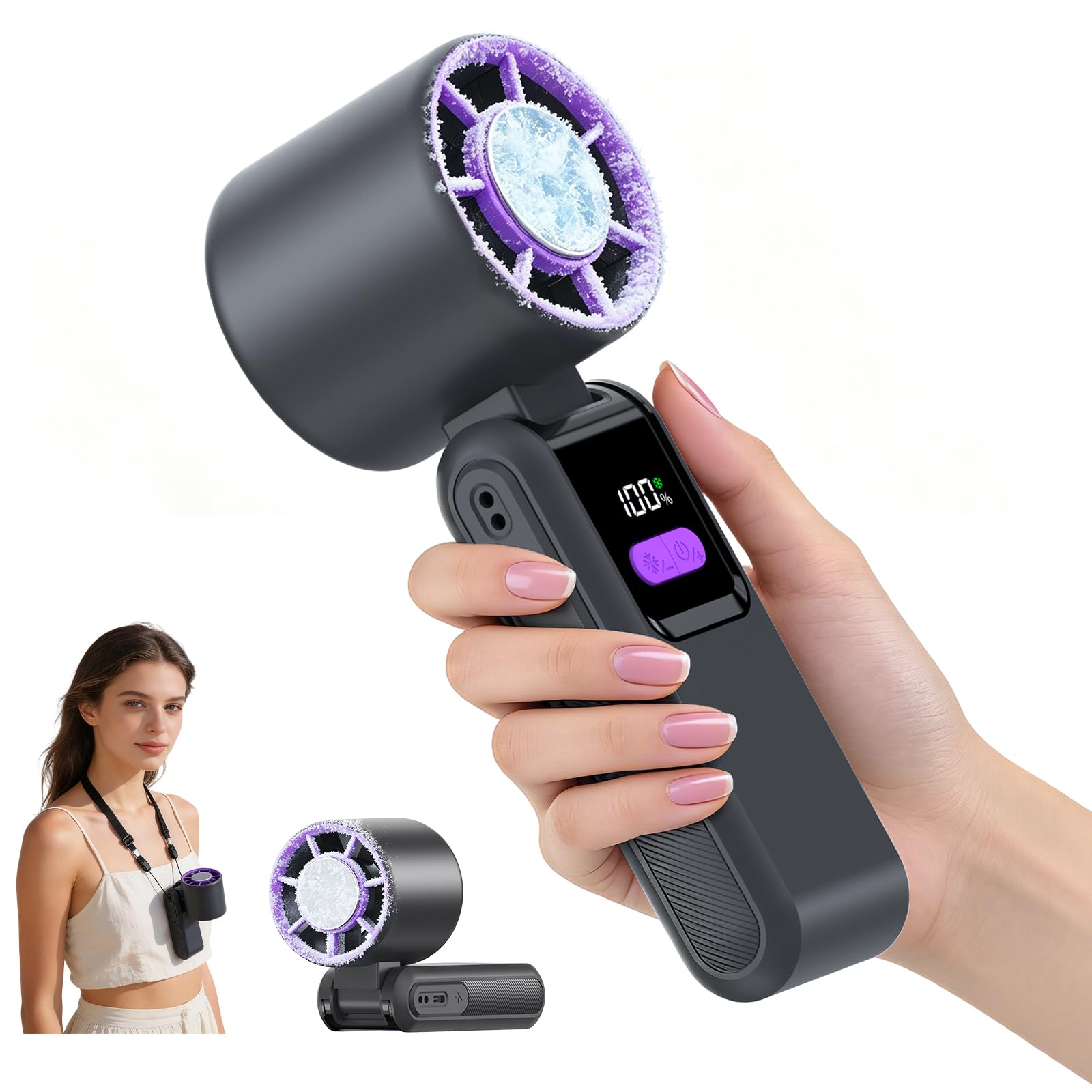 Portable Handheld Fan with Ice Cooler, 3 In 1 High Speed Ice Cold Hand Held Fan, Max 12H Cooling Time, Battery Operated Personal Fan with LED Display, Small Foldable Fan for Travel Camping Office Home