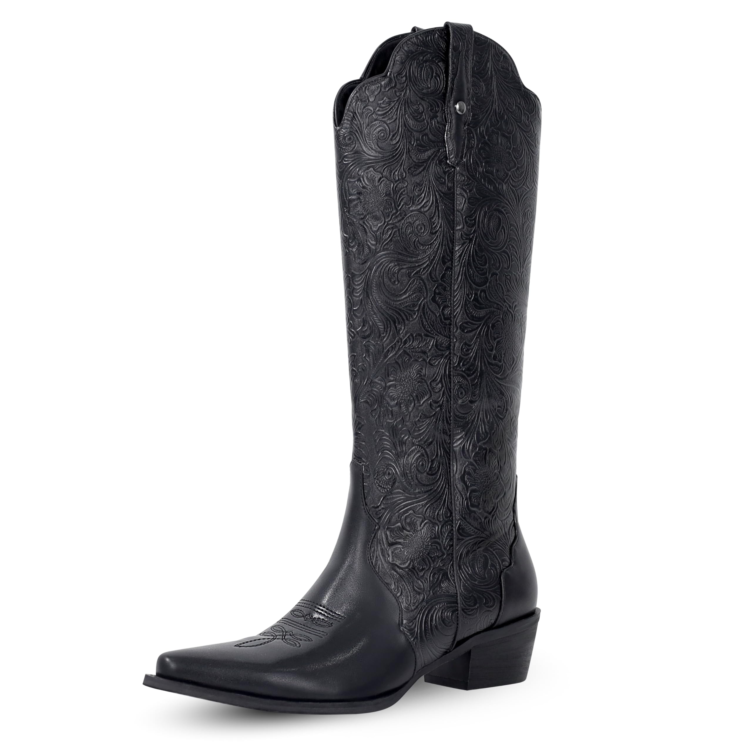 Cowboy Boots for Women Knee High Cowgirl Boots with Pointed Toe Chunky Heel Floral Embroidery Western Boots Tall