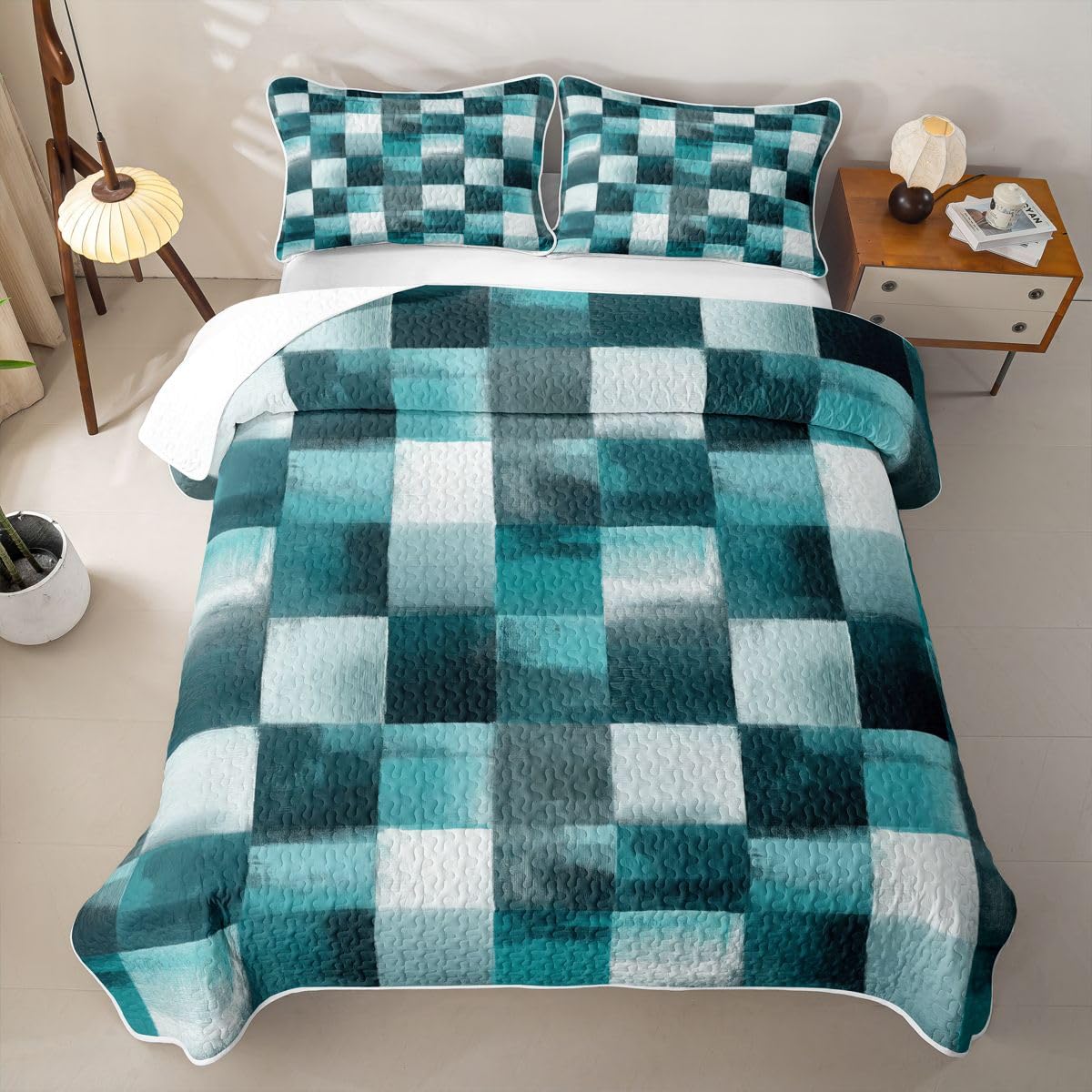 Loussiesd Geometryczna pikowana narzuta na łóżko king-size, turkusowa, biała, pled, narzuta na łóżko, letnia kołdra, sztuka abstrakcyjna, ombre, narzuta na cały rok, 3 sztuki (1 kołdra, 2 poszewki na