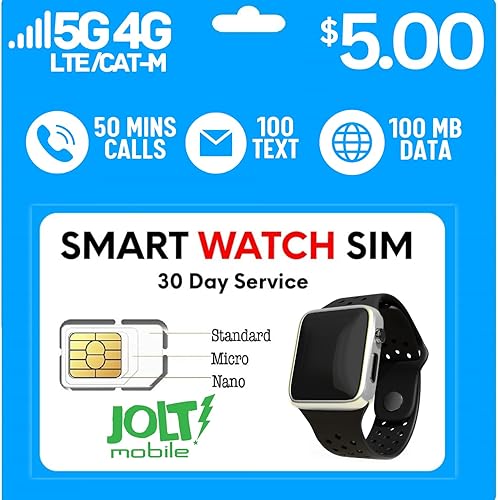 Jolt Mobile Tarjeta SIM prepago de $5 - Rastreador GPS sin contrato y SIM de reloj inteligente - Red AT&T 5G/4G LTE - Corte triple (estándar, micro,