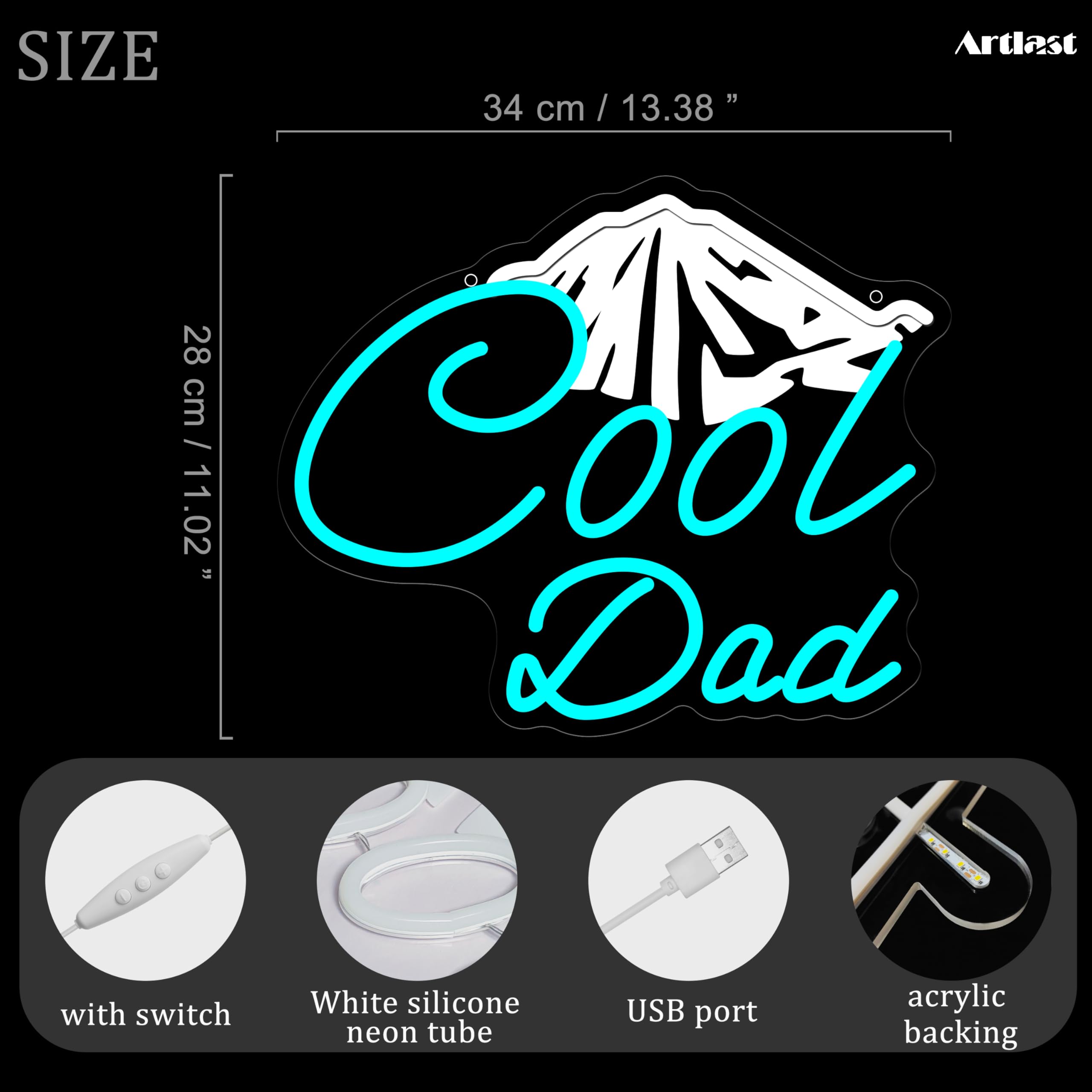 Insegna al neon con scritta "Cool Dad", luce a LED blu ghiaccio, regalo per la festa del papà, 28 x 33 cm, decorazione da parete, regalo unico per papà, camera da letto, uomo, grotta, garage
