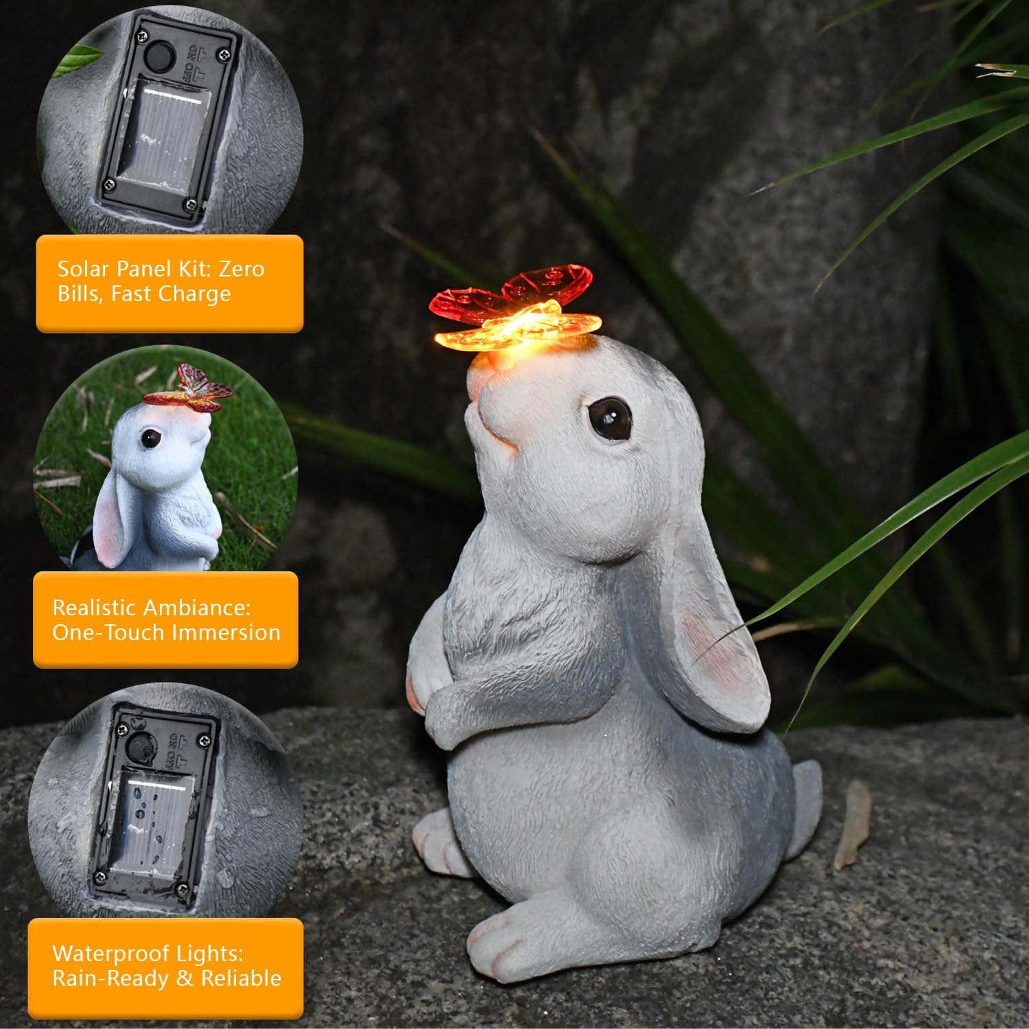 Solar Garden Statue Outdoor Decor Rabbit Figurines with LED Butterfly Lights, Bunny Statues Patio Ornament Decor for Lawn Balcony Yard, Gifts for Mum Grandmom on Birthday Mother's Day