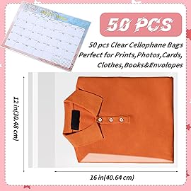 LEOSINDA Cellophane Bags 12 x16 inches Clear Resealable Cellophane Plastic Bags 50 Pcs Resealable Self-Sealing Cello Bagsfor Packaging Clothing, Decorative Wrappers, Party Favors, Artwork and More