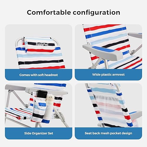 Miniatura 6 de SUNNYFEEL Silla de playa portátil, silla de playa plegable con respaldo bajo, silla de campamento ligera con posición reclinable, tumbona mochila