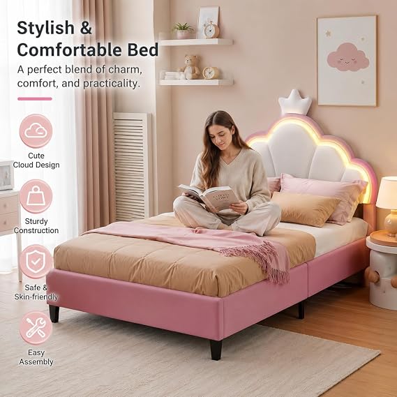 Single Pink Princess Bed Frame for Girls, 3FT Kids Upholstered Bed with Cloud Shaped RGB LED Headboard, Height Adjustable Headboard, Wooden Slats, Children’s Bedroom Furniture