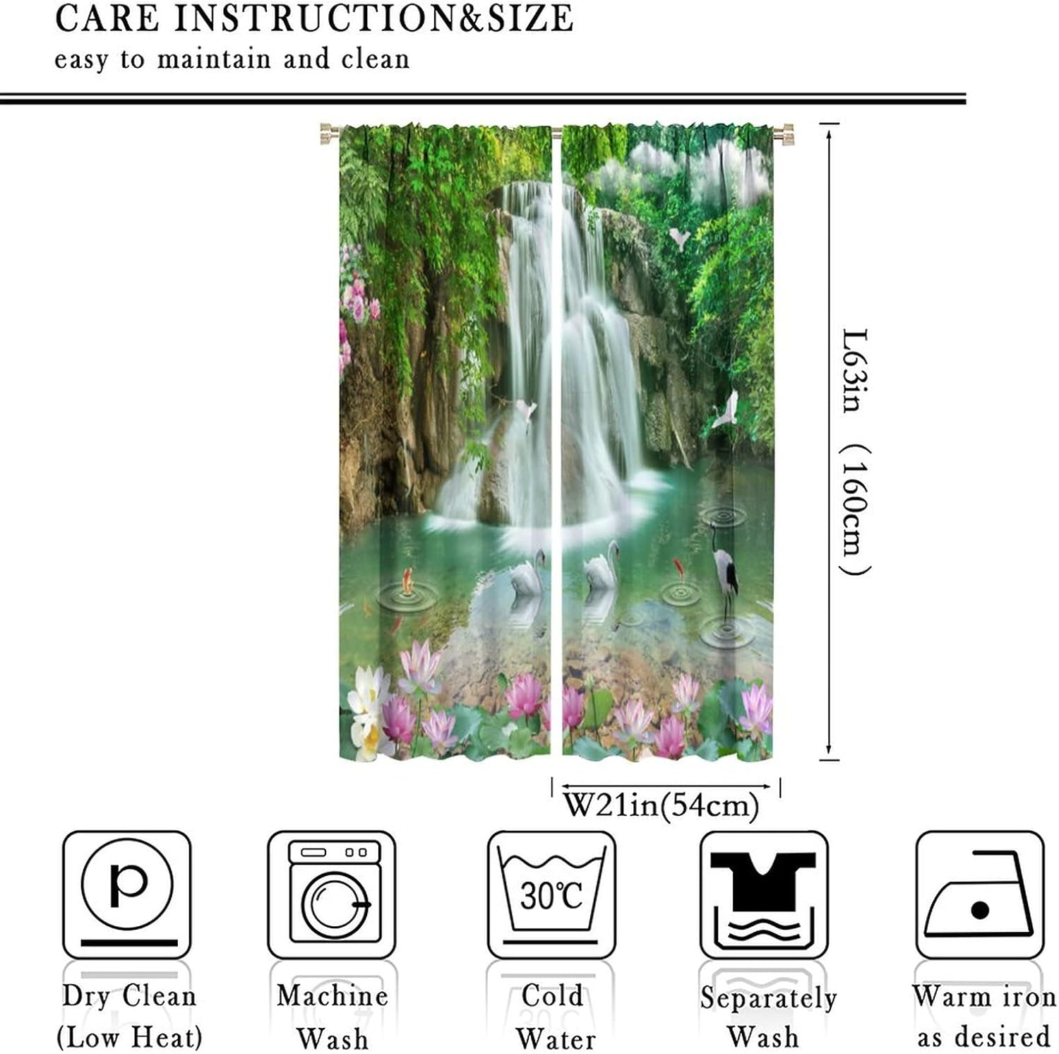 Waterfall Deocr Curtain, Japanese Style Waterfall Mountain Cloud Boat Flower Dreamy Scenes Home Decor Windows Rod Pocket Curtain for Living Room Nursery Boys Girls Bedroom Window Drapes 42" Wx63 L