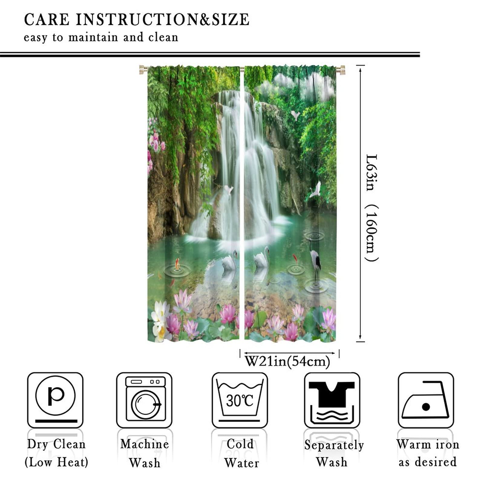 Waterfall Deocr Curtain, Japanese Style Waterfall Mountain Cloud Boat Flower Dreamy Scenes Home Decor Windows Rod Pocket Curtain for Living Room Nursery Boys Girls Bedroom Window Drapes 42