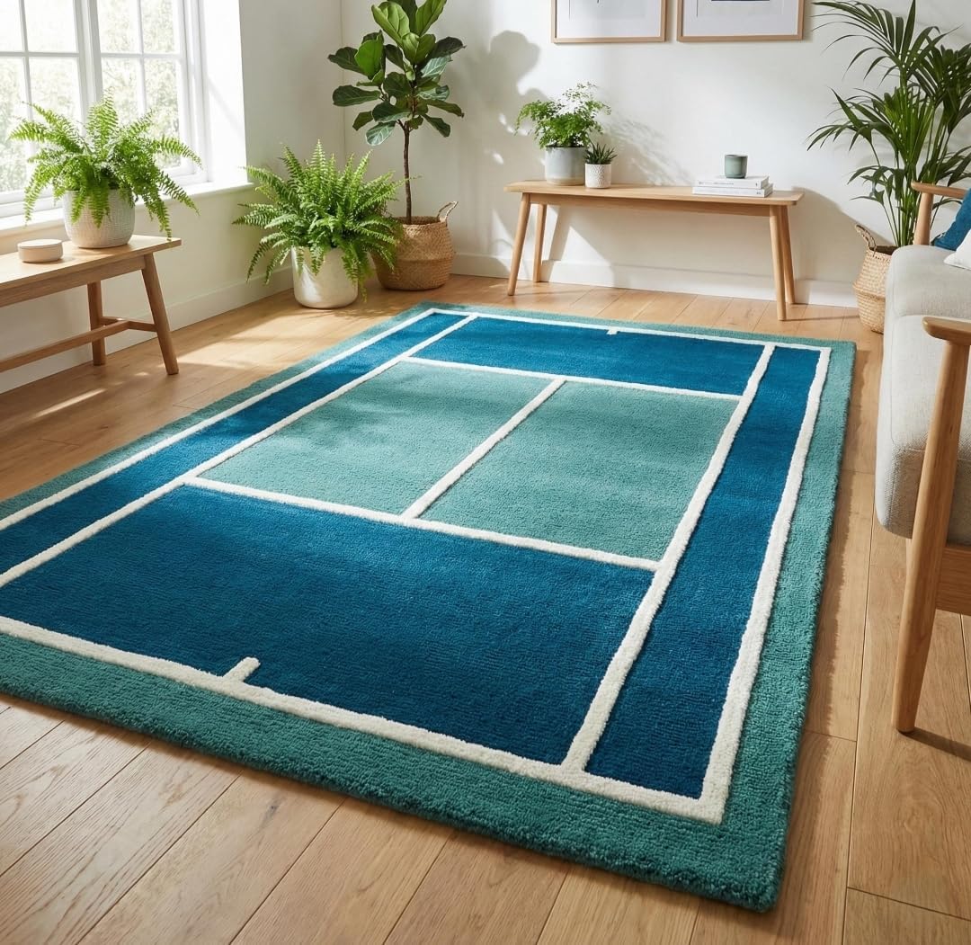 Geometric Area Rug, Teal and White Rectangular Pattern, Modern Design for Nursery and Kids Room (10 * 14 feet)