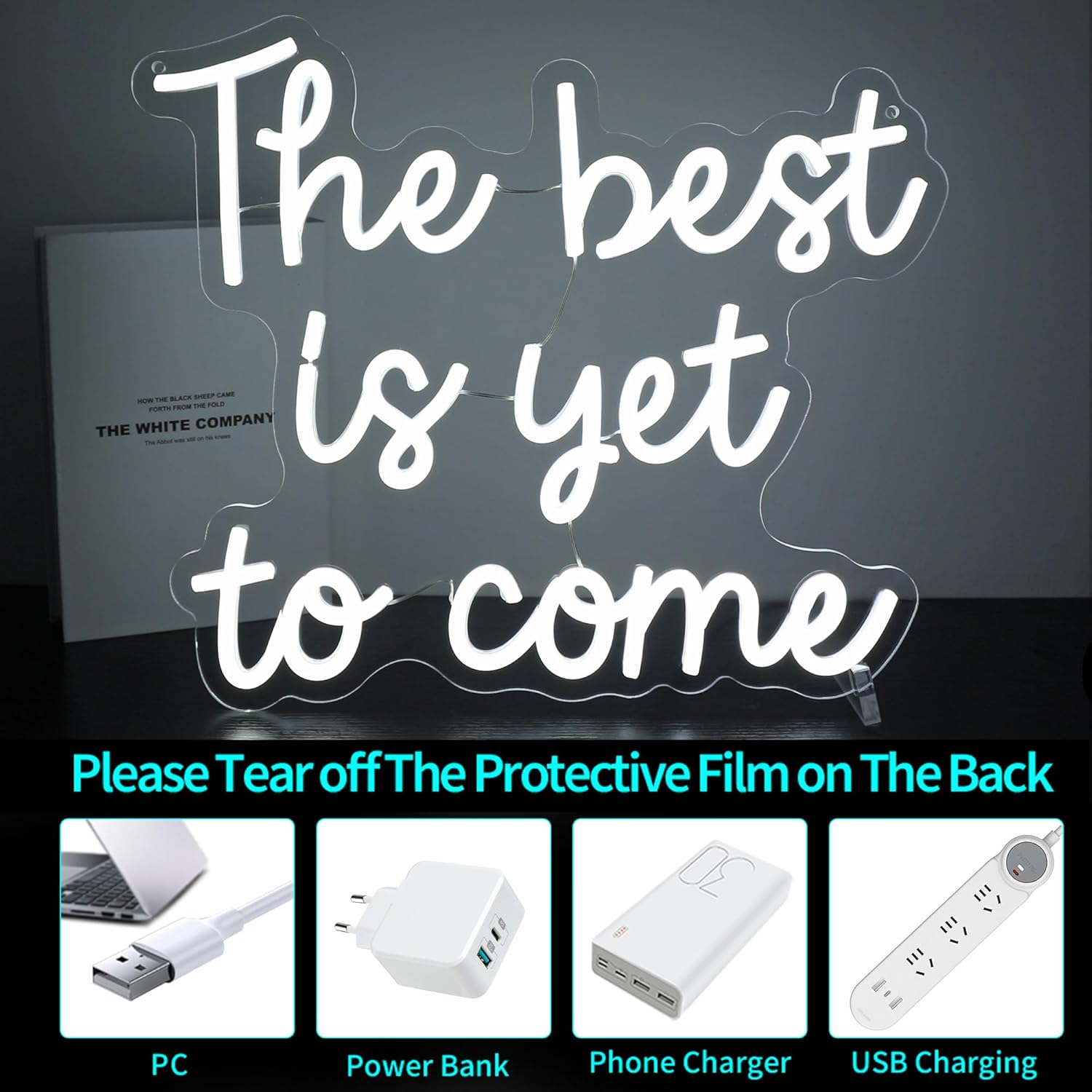 Neon Sign, HSJNJKFU The Best is Yet to Come Neon Signs for Wall Decor White Led Light Sign for Man Cave Room Home Party Birthday Wall Decor - USB Powered