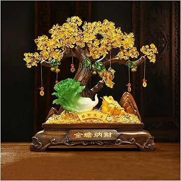 Feng Shui Citrine Crystal Wealth Tree Feng Shui Decoration, Imitation Jade Four Seasons Fortune Cabbage Ornament, Lucky Money Toad, Home Decor Desk DecorationSmall