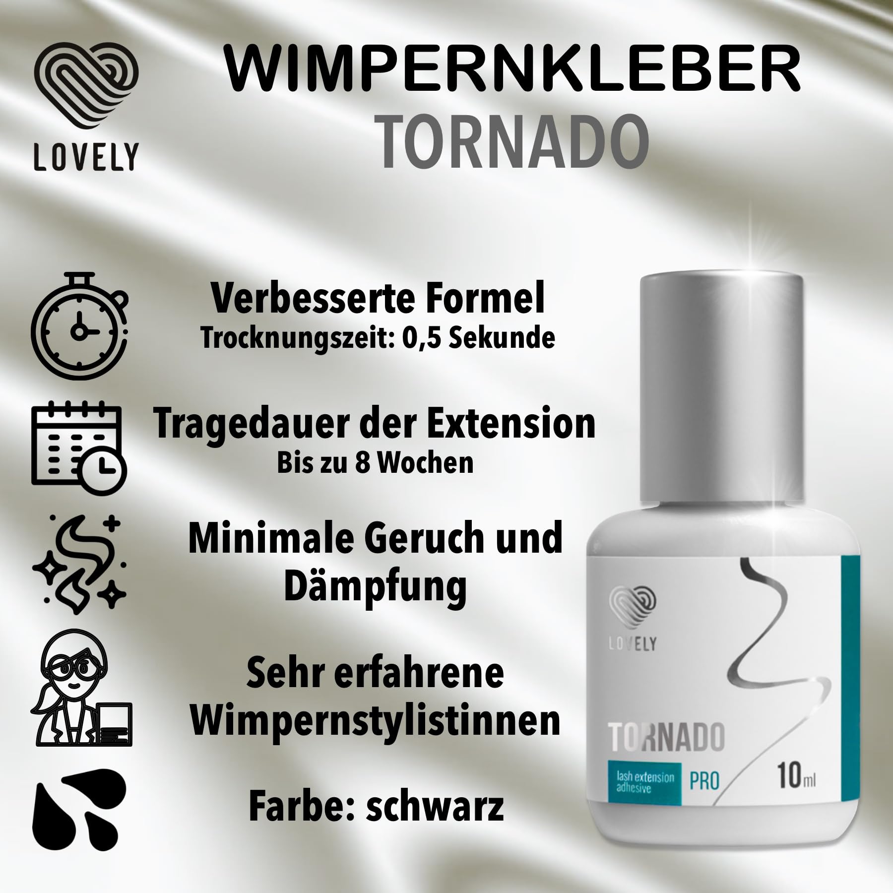LOVELY Klej do rzęs TORNADO (10ml, kolor: BLACK) ultra szybki klej, czas schnięcia: IMMEDIATE - 8 tygodni siła klejenia, bardzo trwały, do profesjonalnego przedłużania rzęs, Extension Glue