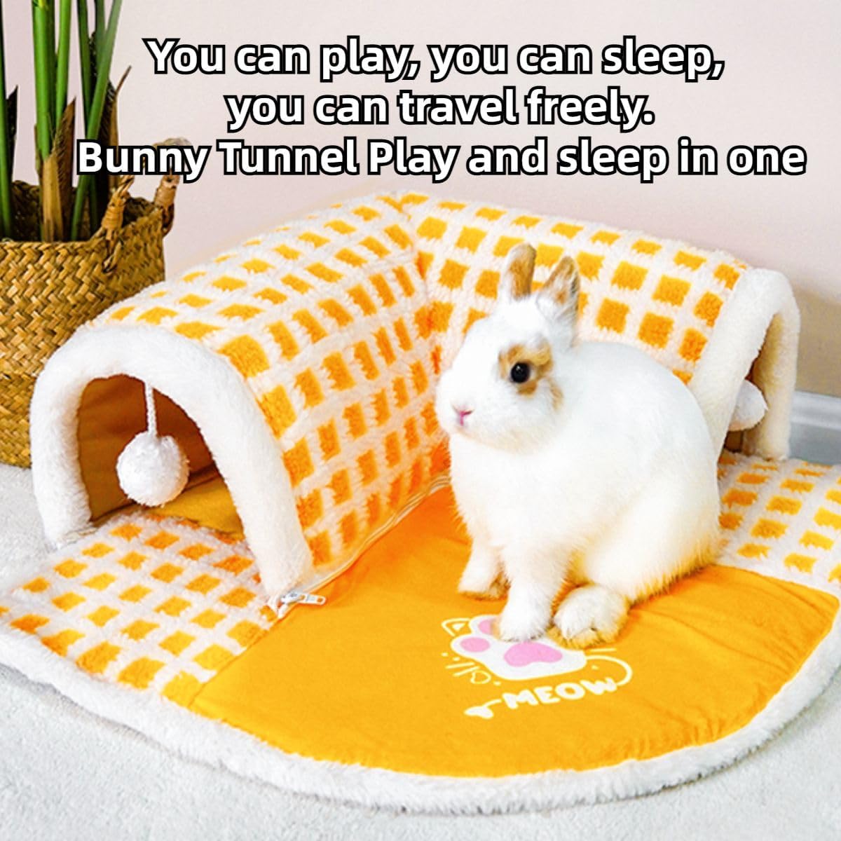 Bunny Tunnel Bed, 2-in-1 Collapsible Tunnel Tubes Toys with Removable Mat Hideout for Cats Kittens Rabbits Guinea Pigs Kitty Chinchilla (Blue,Small)