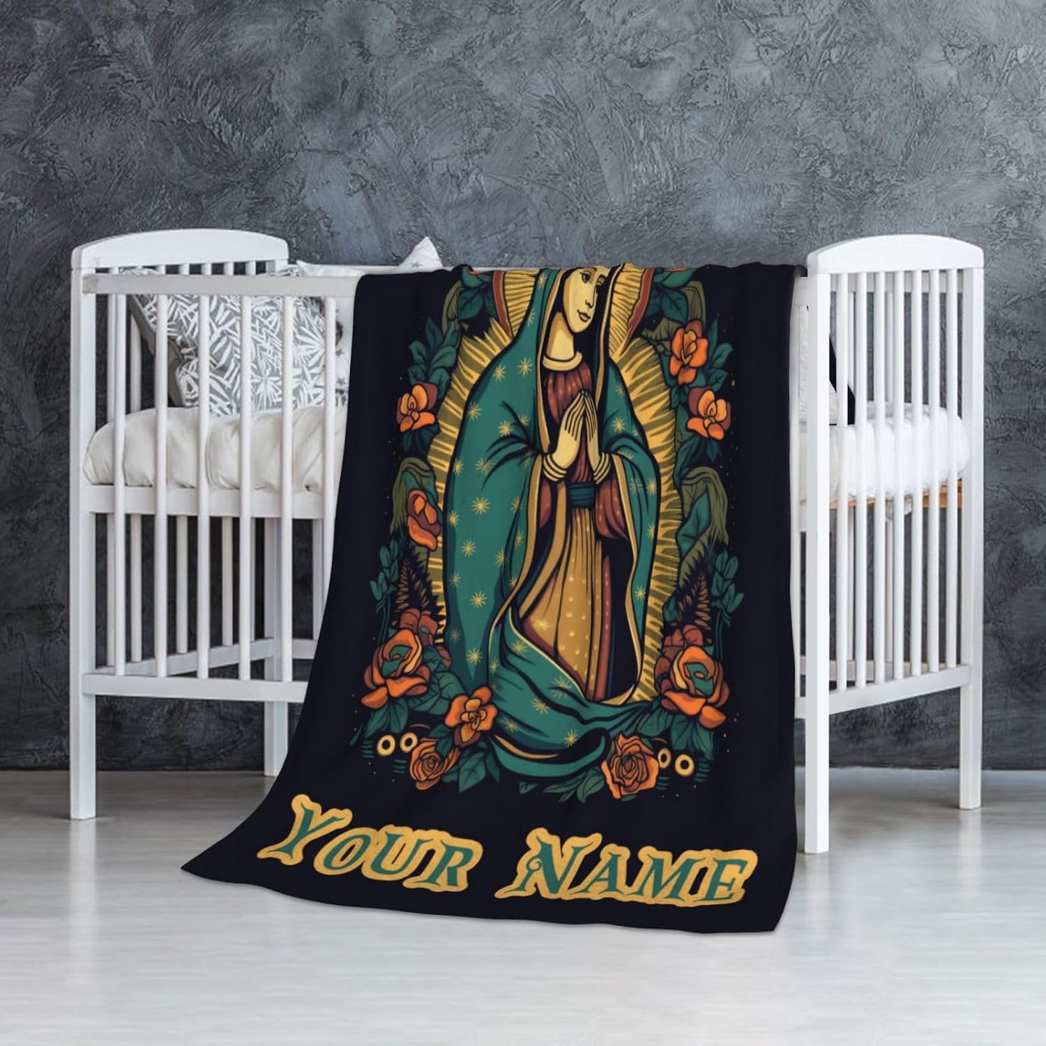 Custom Virgin Mary Blanket, 60" x 50" Flannel Our Lady of Guadalupe Themed Black Throw Blanket, Soft Nap Throw Blanket for Bed Couch Sofa Fiesta-De-Ia-Virgen Catholic Gifts