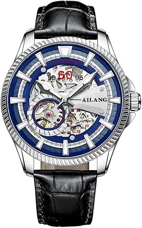 Mens Watches Automatic Skeleton Mechanical Men Watch Ailang Watch Silver Blue