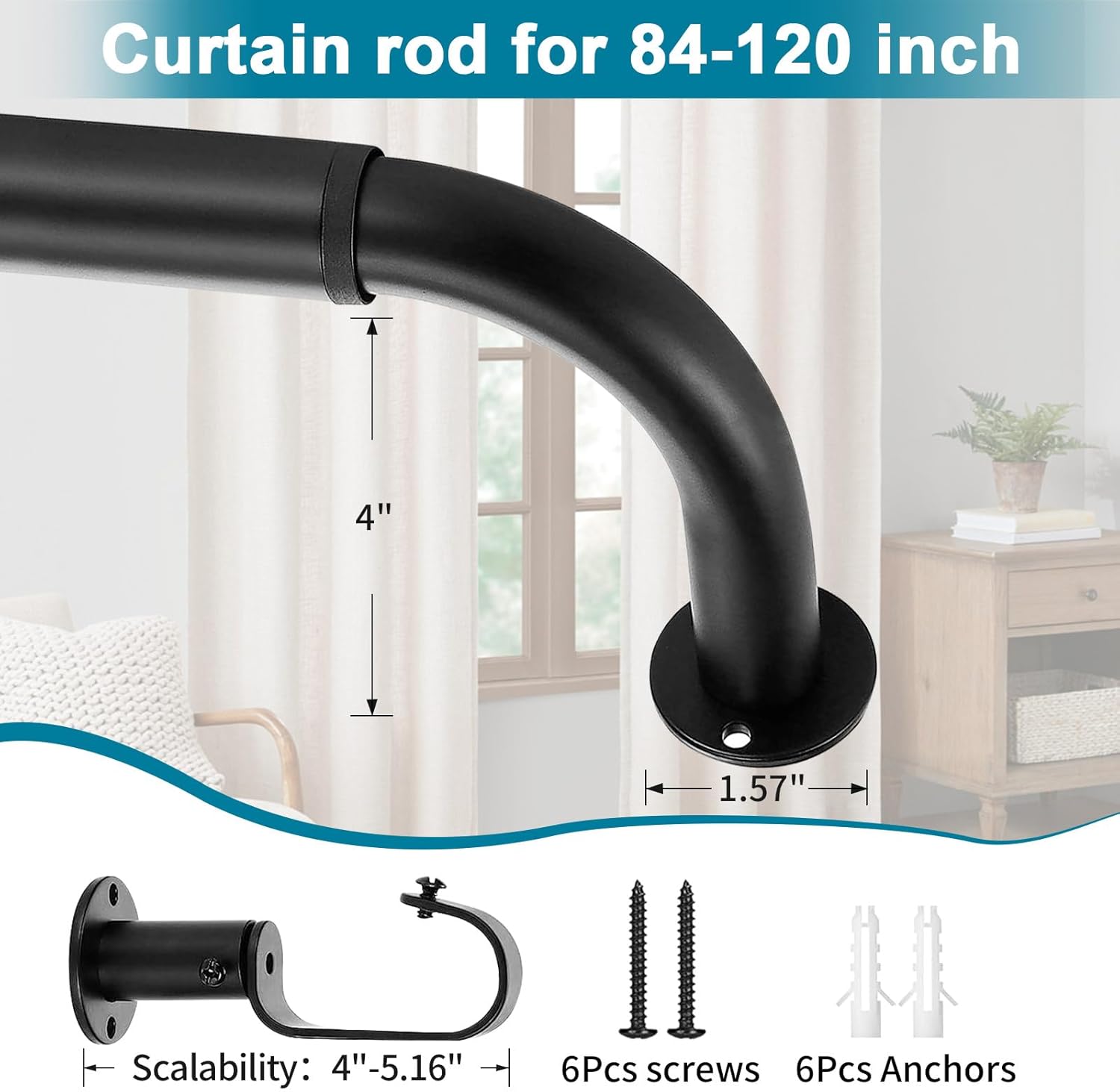 Meriville 1-Inch Diameter Wrap Around Blackout Curtain Rod, 84-Inch to 120-Inch, Matte Black Finish with Round Base