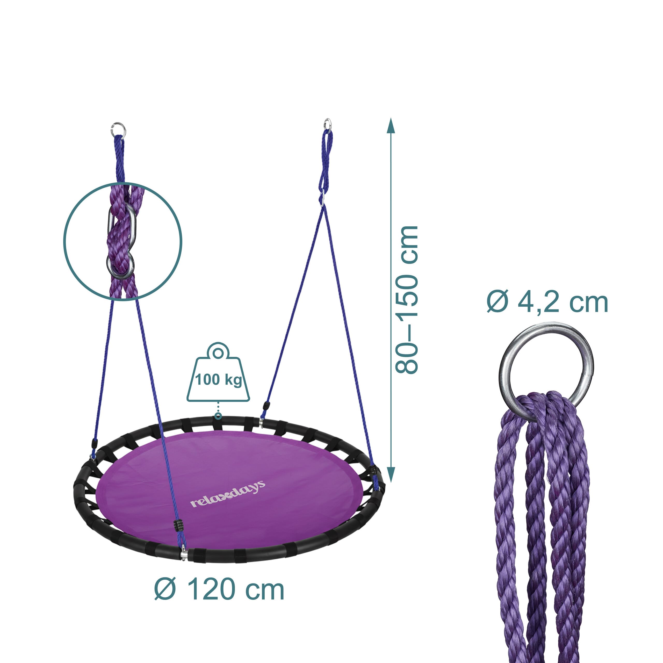 Relaxdays Okrągła huśtawka wisząca, dla dzieci i dorosłych, regulowana, na zewnątrz, Ø: 120 cm, do 100 kg, fioletowa