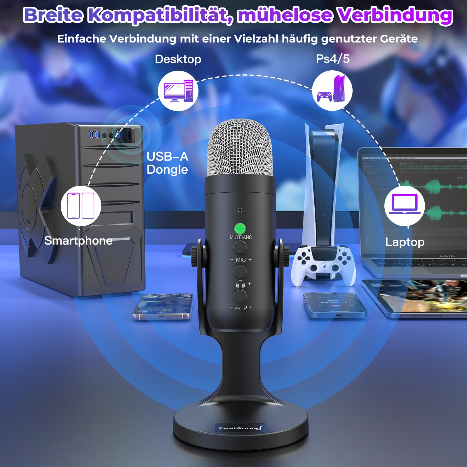zealsound Microphone USB, microphone à condensateur, K66 sans fil, noir