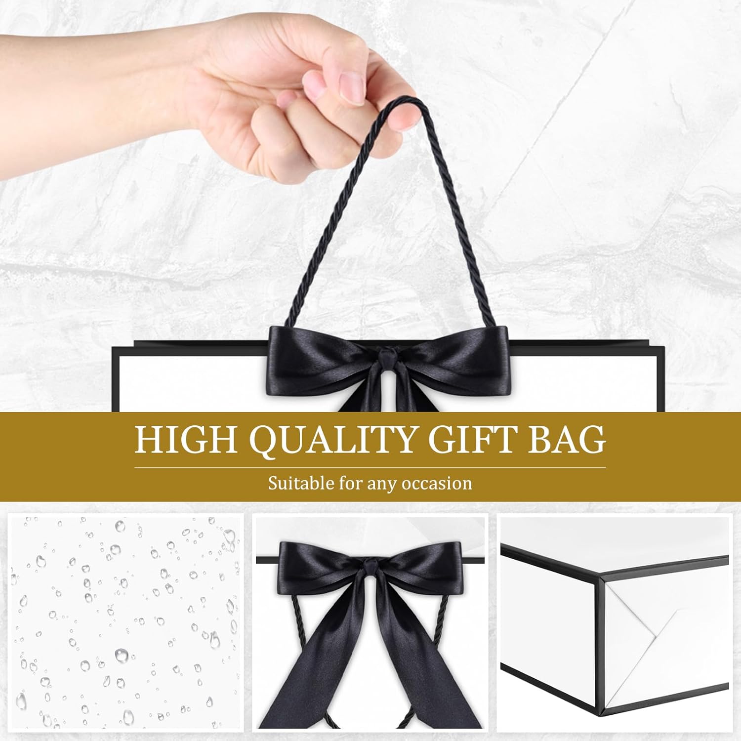 YoungTree Medium Gift Bag with Ribbon and Greeting Card 2 Tissue Papers, Paper Birthday Gift Bags with Handles, Elegant Present Bags for Valentines Day Wedding Engagement Party Supplies (White-Black) - Image 3