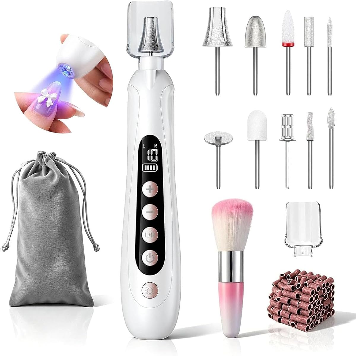 Lima de uñas eléctrica, amoladora de uñas inalámbrica para uñas gruesas y callos, taladro de uñas recargable para manicura y pedicura con LCD y lámpara, regalos para mujeres, hombres y personas mayores