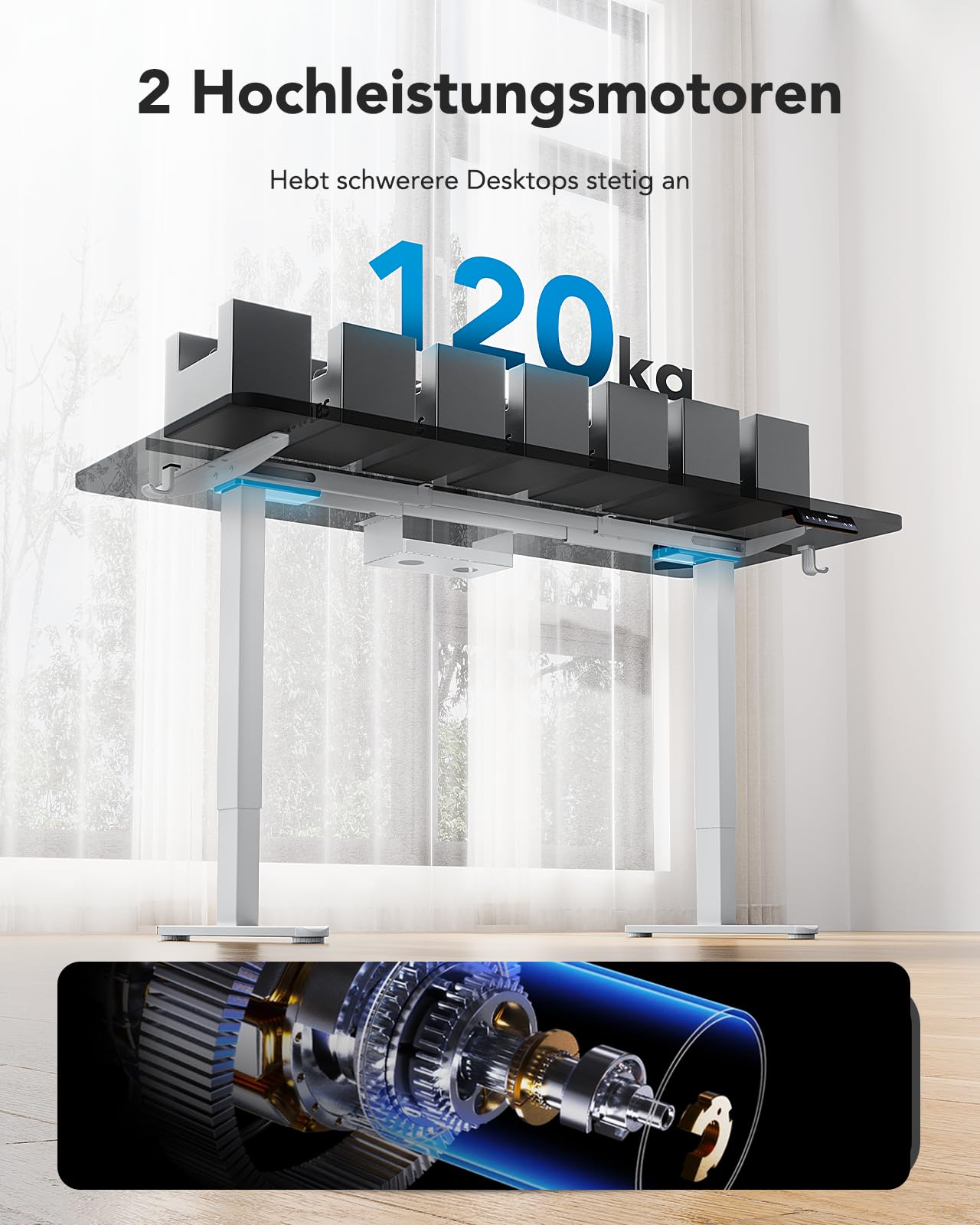 HUANUO Höhenverstellbarer Schreibtisch Gestell mit 2 starken Motoren, T-förmige Schreibtisch Gestell Höhenverstellbar aus Stahl in Automobilklasse,max. 228x80cm,Super Belastung 120KG