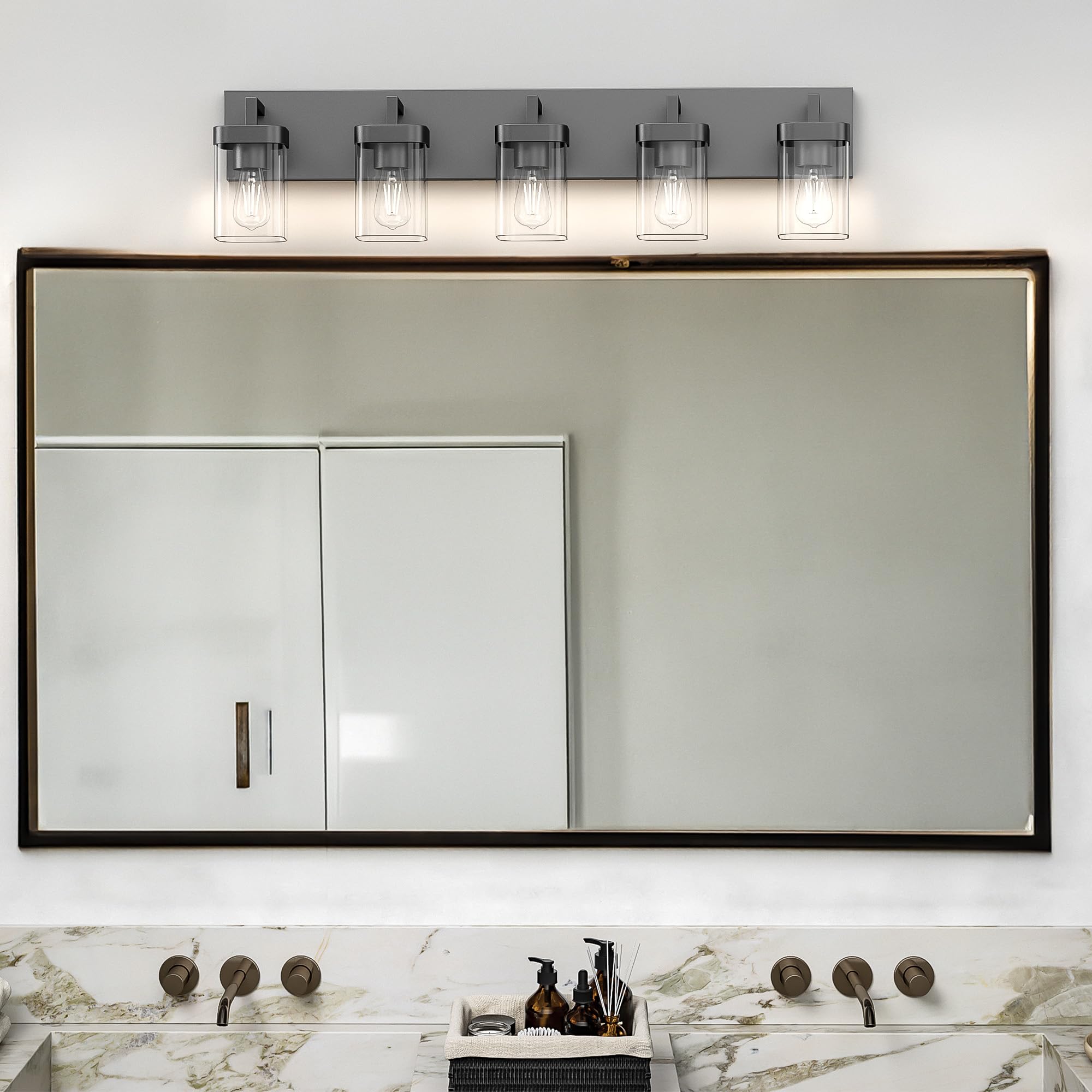 Badezimmer-Waschtischleuchte, quadratisches Design, 5 Leuchten, moderne Badezimmer-Beleuchtung über Spiegel, schwarze Badezimmer-Leuchten für Badezimmer/Wohnzimmer/Schlafzimmer