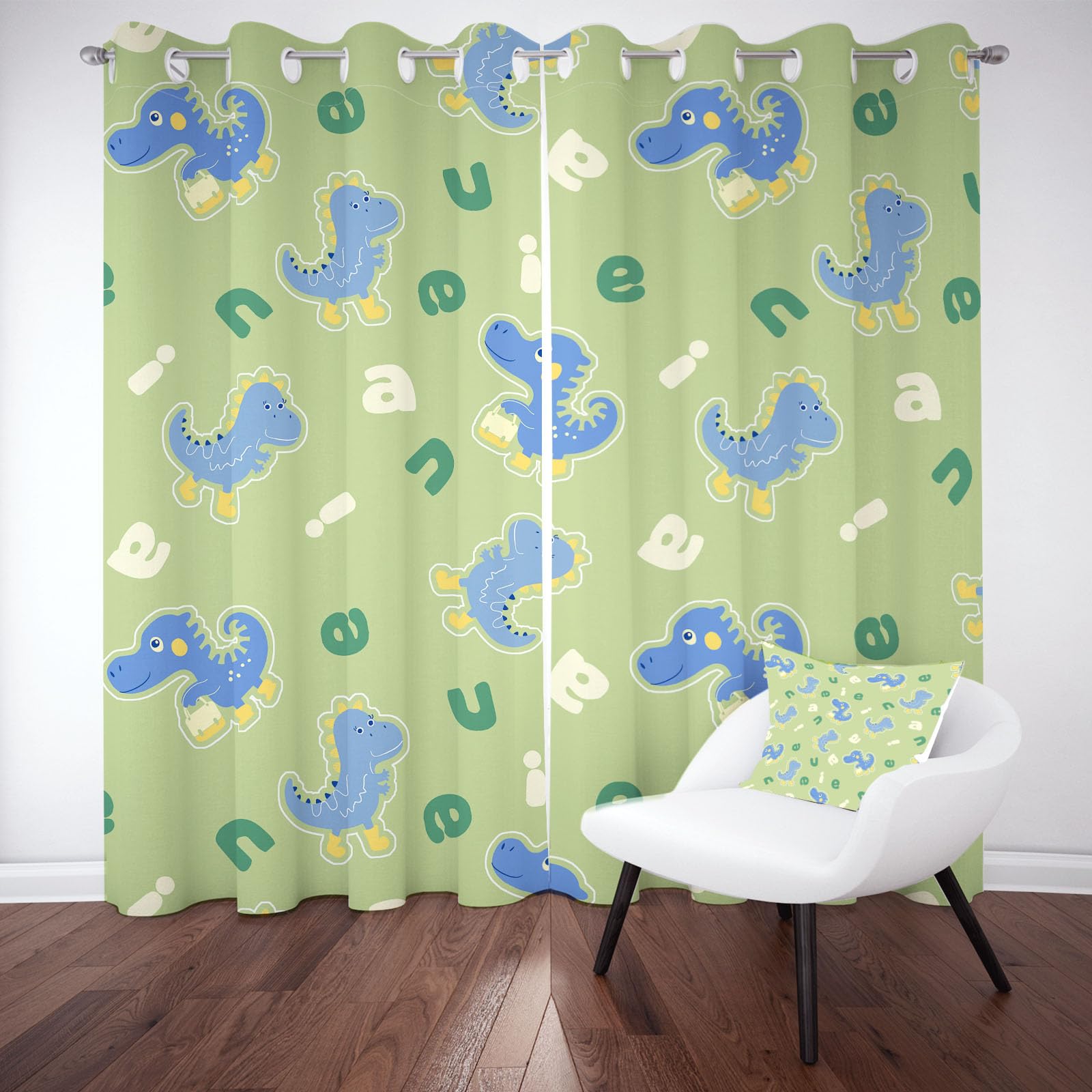 Lot de 2 Rideau Occultant 75x166 cm Dinosaure Mignon Rideaux d'enfant Isolants Thermiques avec Oeillets Dessin Animé Style Draperies Salon Isolant Phonique pour Chambre