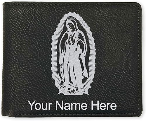 LaserGram Cartera de piel sintética con doble pliegue, Virgen de Guadalupe, grabado personalizado incluido (negro con plata)