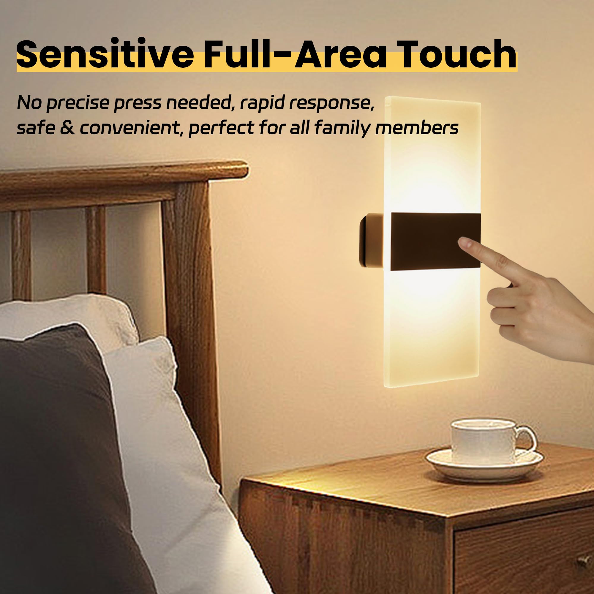 FelRelWel Battery Wall Sconces, Acrylic Bedside LED Wall Lamps Set of Two for Living Room Bedroom Hallway,USB Rechargeable Battery Operated Cordless Night Light,Touch Control,Warm Light Dimmable