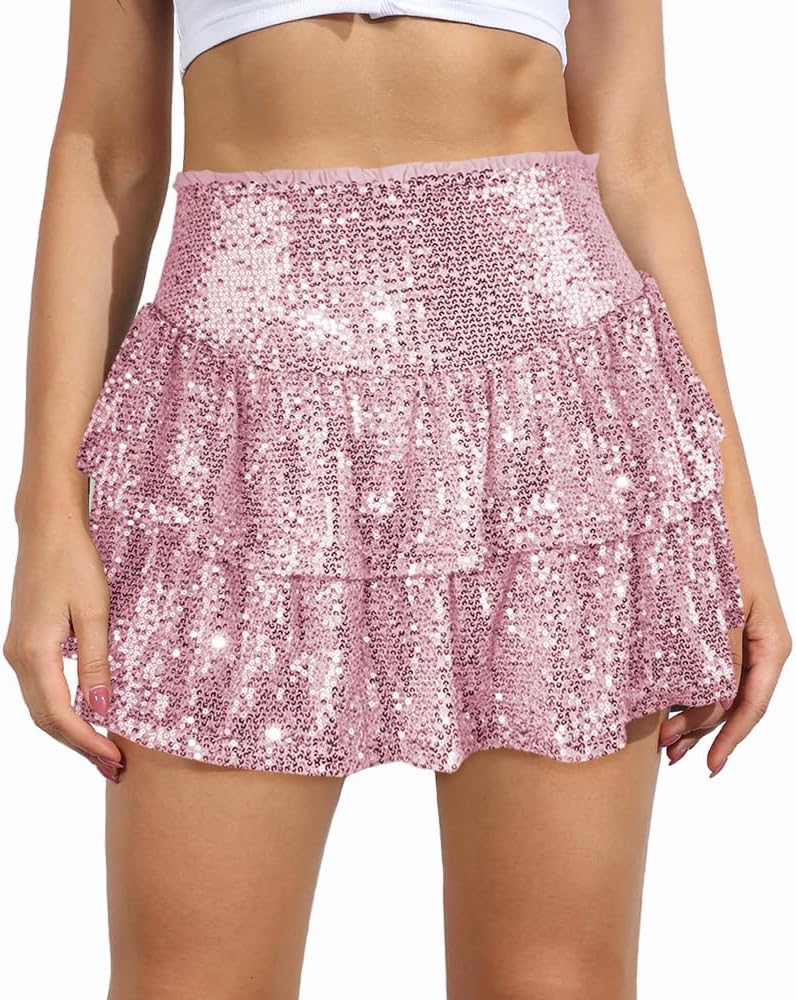 MiiVoo Women’s Sequin Ruffle Mini Skirt Sparkly High Waist Lined Layered Flared Pleated Shiny Party Club Short Skirts