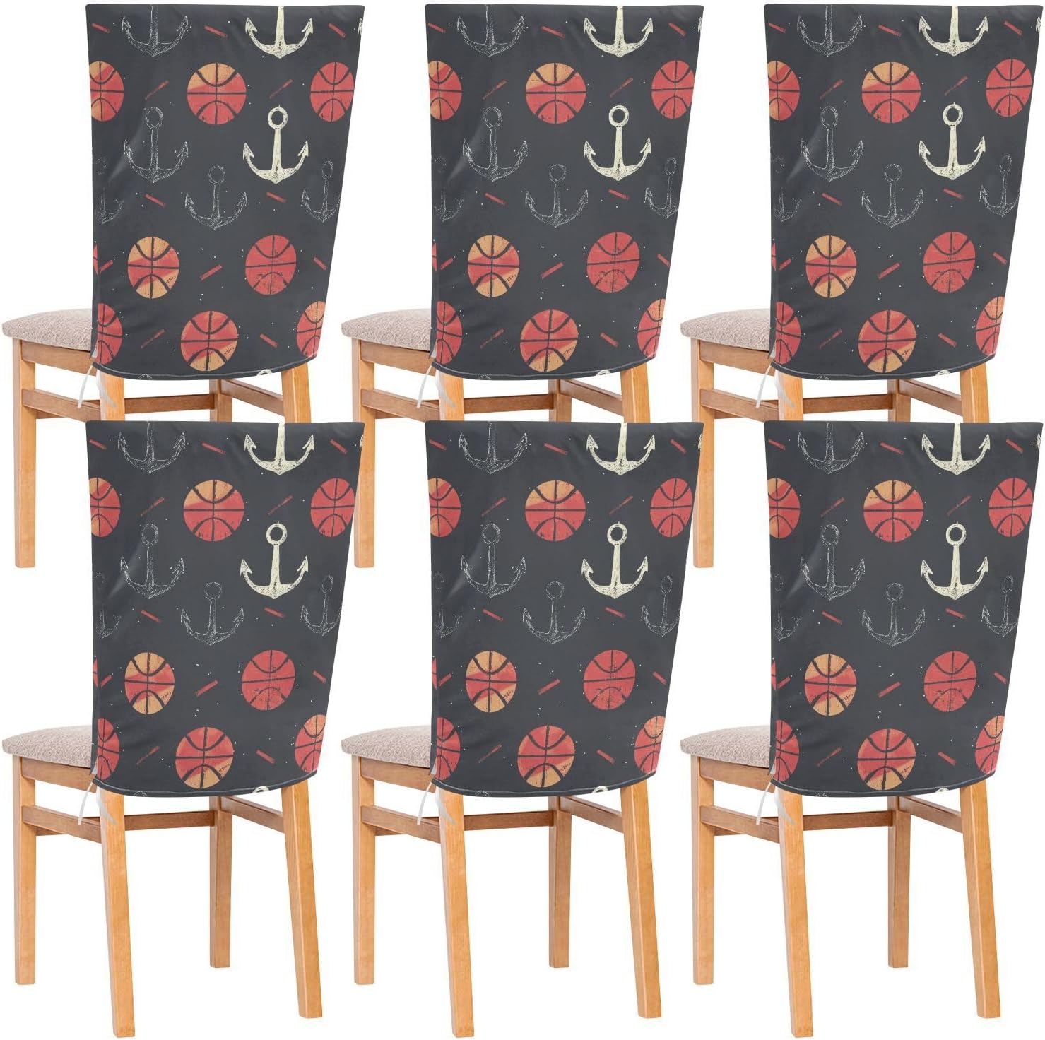 ALAZA Anchor Basketballs Chair Back Cover Set of 6, Washable Reusable Removable Chair Slipcovers Decorative Chair Cover for Home Kitchen Wedding Party