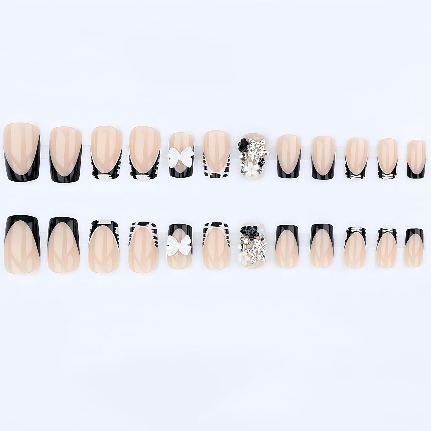 French Tip Press on Nails Short Square Fake Nails with Bow Charms Designs Black White Zebra Print False Nails Cute Small Flowers Silver Star Rhinestones Acrylic Nails Stick on Nails for Women 24Pcs