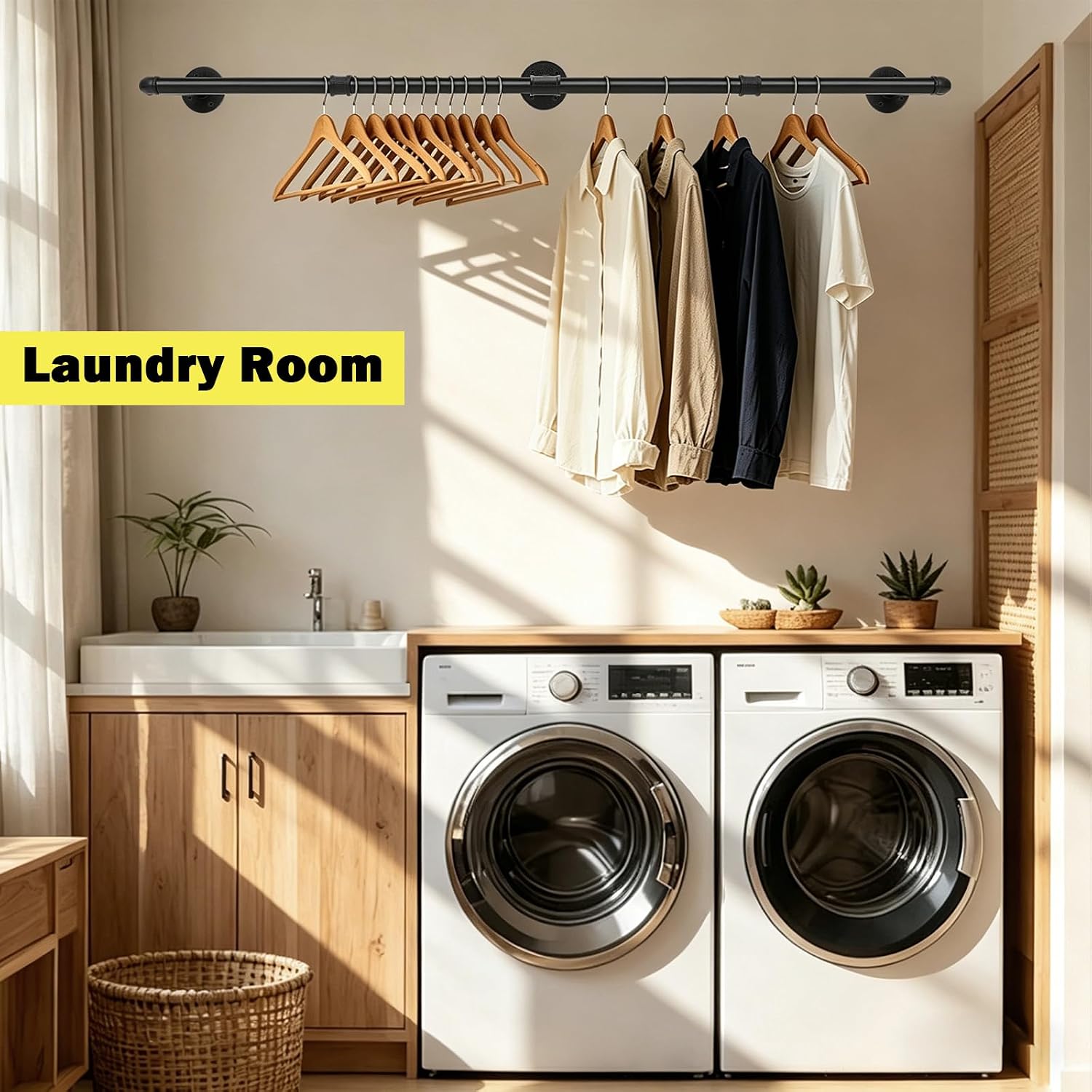 Industrial Pipe Clothes Rack, 50 In Heavy Duty Wall Mounted Garment Rack, DIY Rustic Iron Clothing Bar for Bedroom Closet Laundry Room, Multi-Purpose Hanging Rod, Space Saving (Matte Black)