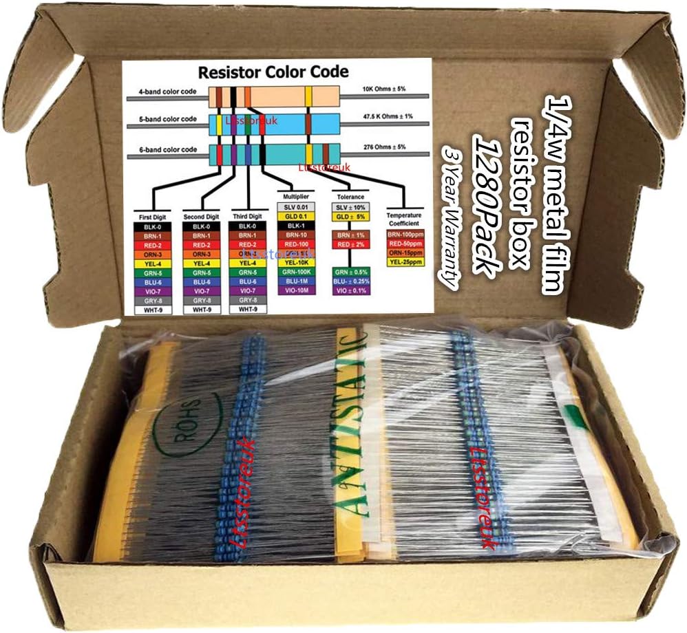 Film Resistor Kit, 1/4W Metal Film Resistors Assorted Box Assortment Kit Set of 1280, Range 1 Ohm - 10M Ohm, 5% Tolerance, 64Value 1/4 Watt Resistor, by Ltsstoreuk