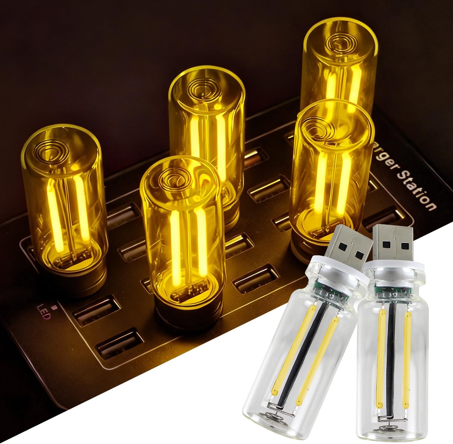 2 PCS USB Car Lights, Touch Dimmable Retro Mini Glass Bottle LED Ambient Night Light for Vehicle Interior, Bedroom, Hallway, Camping, Holiday and Party Decoration (Yellow)