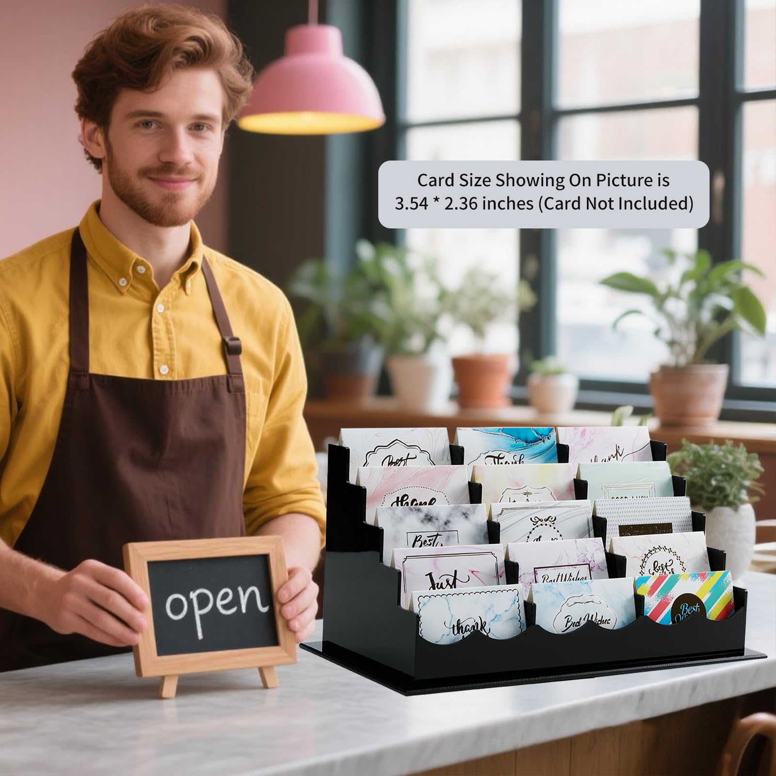 Vevitts Soporte acrílico para tarjetas de negocios, 15 ranuras y 5 niveles, juego de soporte acrílico negro para tarjetas de visita, capacidad para aproximadamente 750 tarjetas
