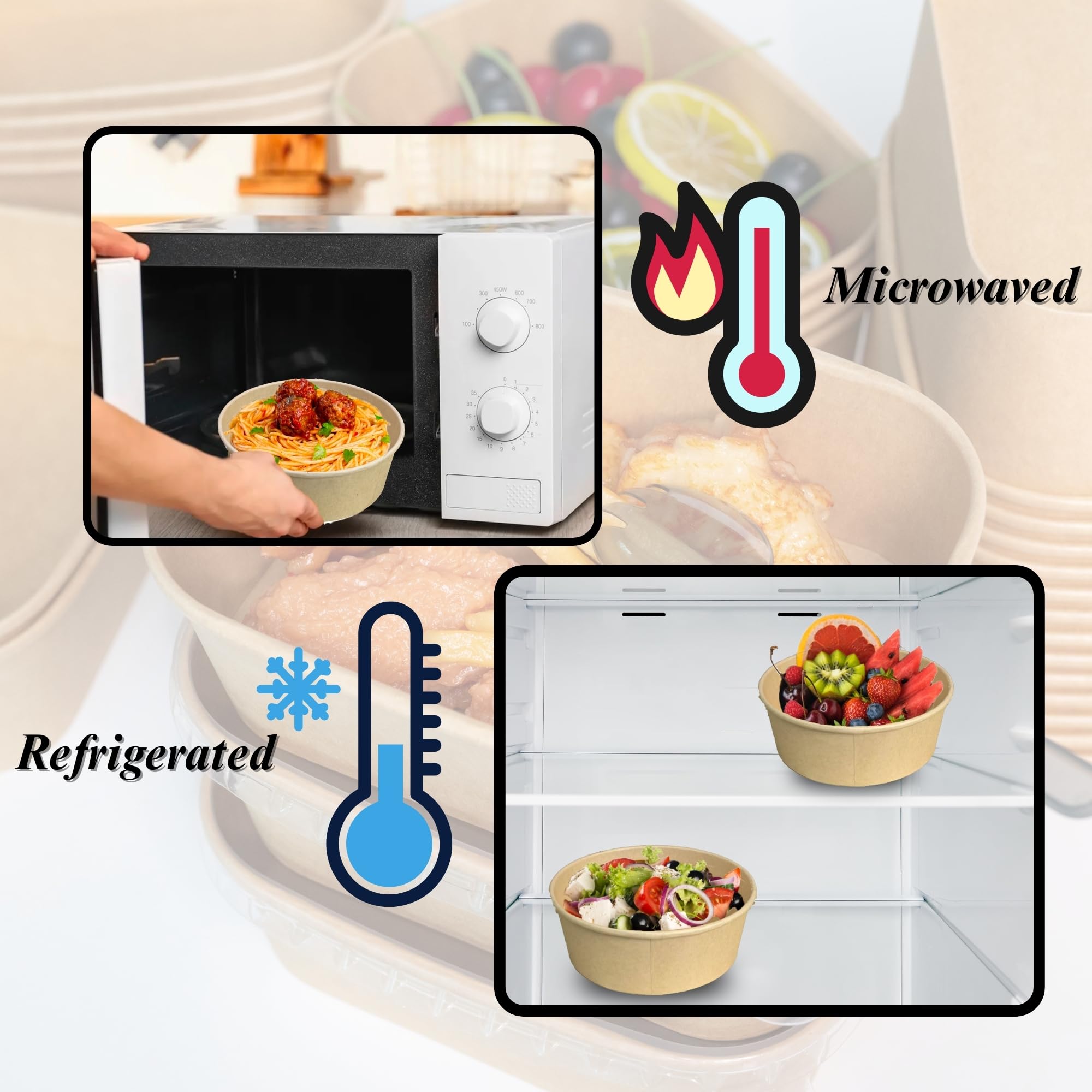 Cuencos de papel redondos desechables de 48 onzas, extra grandes, 50 juegos, caja de contenedores de alimentos para preparación de comidas con tapas y tenedores, cuencos de ensalada a prueba
