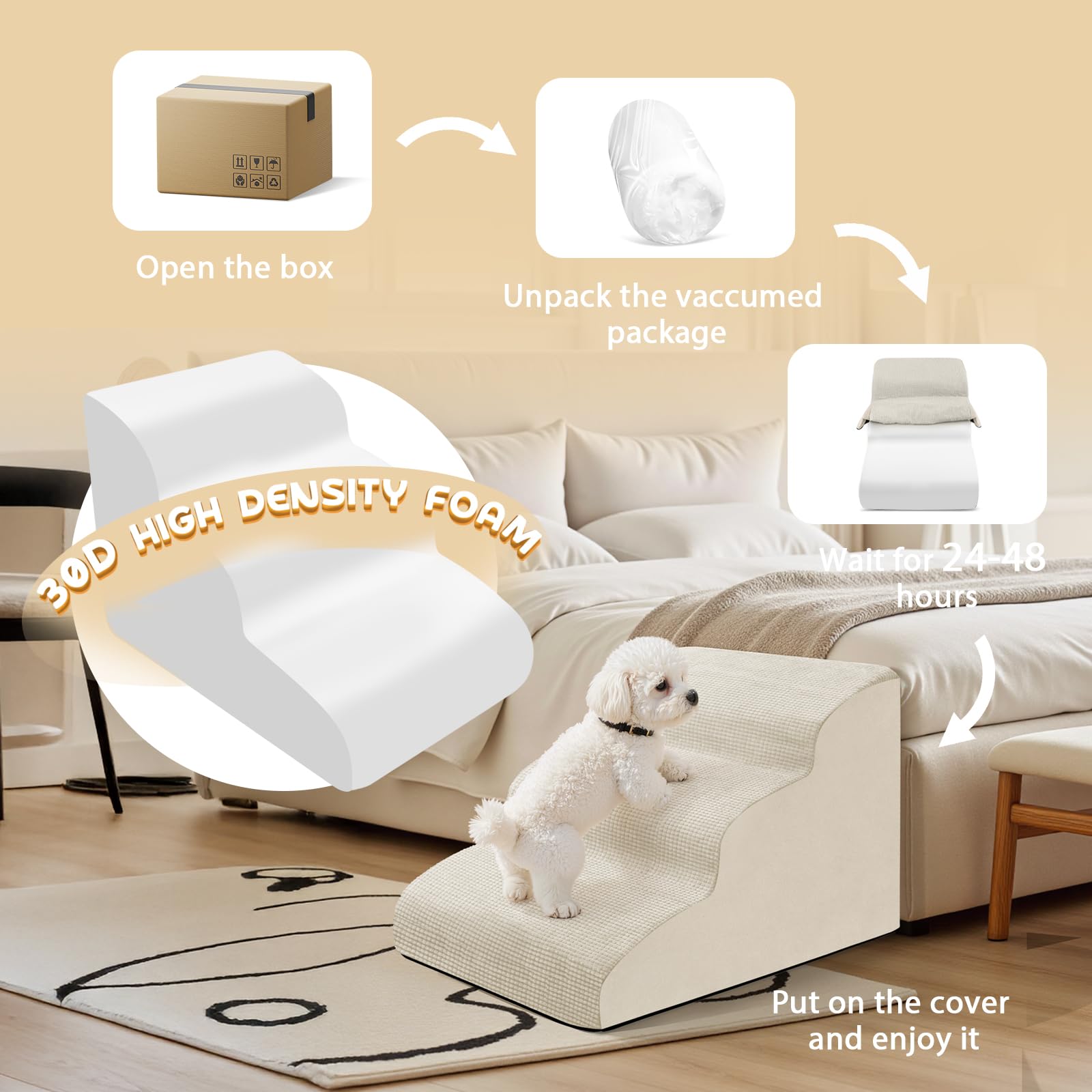 Rampa per cani a 3 gradini per cani e gatti di piccola taglia, giallo paglia, scala per animali domestici per divano e letto, in schiuma antiscivolo, con copertura rimovibile e lavabile, set di rulli