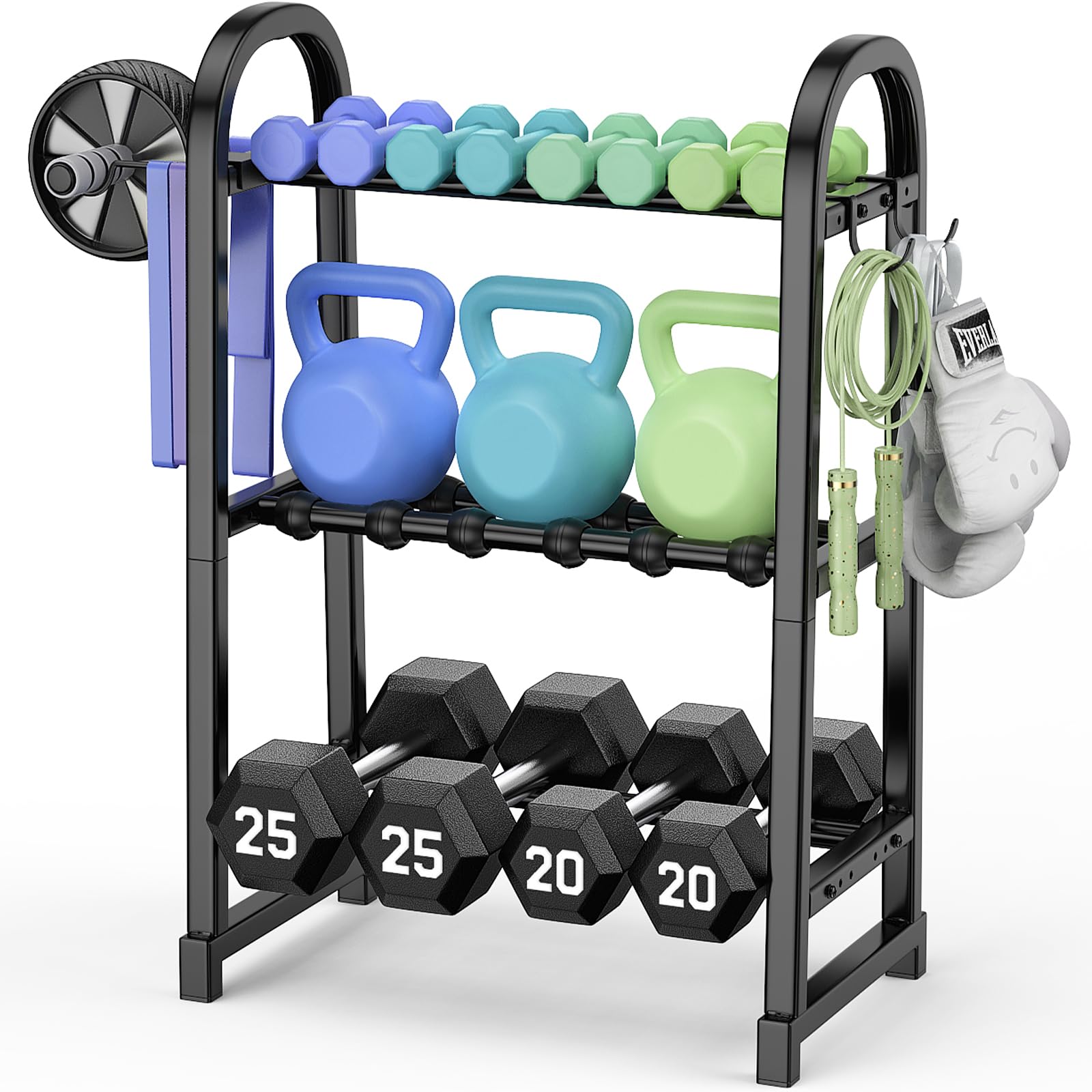 YaDonpe 3 Tier Dumbble Rack - 260LB Capacity Adjustable Small Dumbbell Storage Rack Space-Saving Home Gym Weight Rack For Dumbbells And Kettlebells With Hooks (Rack Only)(（Matte Black （18.5''Length））