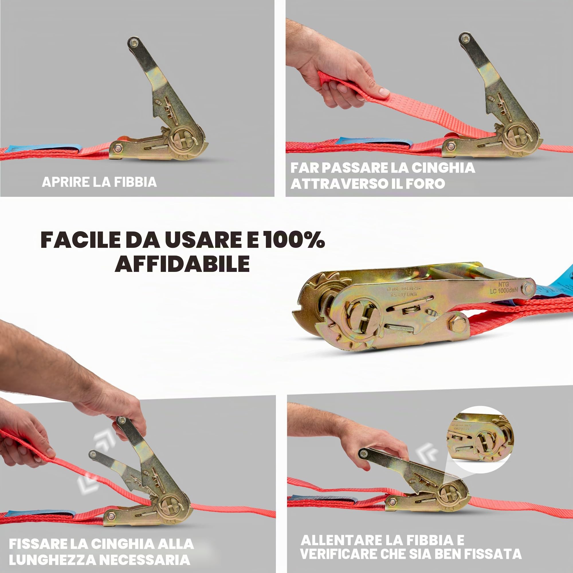 NTG 10 cinghie di tensionamento con cricchetto - ganci 2000 kg 6 metri - certificate TÜV/GS - 2 pezzi larghezza 35 mm - cinghie di fissaggio - certificate TÜV GS e conformi alla norma DIN EN 12195-2