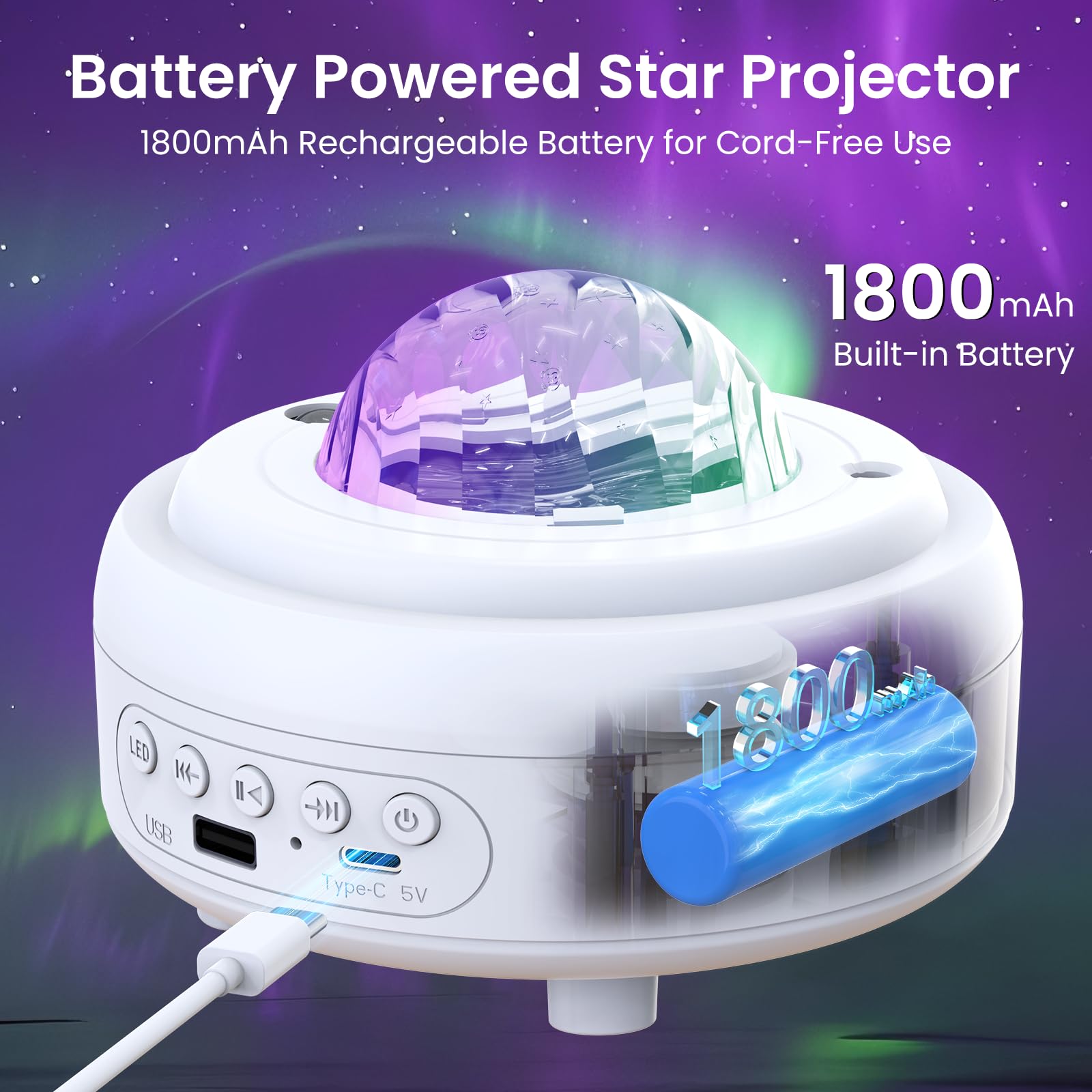 HUMIIEYE Proiettore di stelle con altoparlante Bluetooth, 1800 mAh alimentato a batteria, proiettore galassia, proiettore aurora boreale con luna, illuminazione ambientale per camera da letto, bambini
