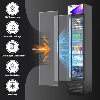 Commercial Beverage Refrigerator Display Fridge,6 Cu Ft Tall Slim Glass Door Merchandiser Skinny Drink Cooler with LED Light Adjustable Shelves,ETL Approval,15.4 Wide