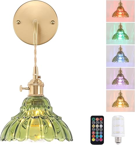 Miniatura 20 de Juego de 2 apliques de pared a pilas, luces de pared recargables vintage con pantalla de vidrio de lirio ámbar, lámpara de pared inalámbrica para