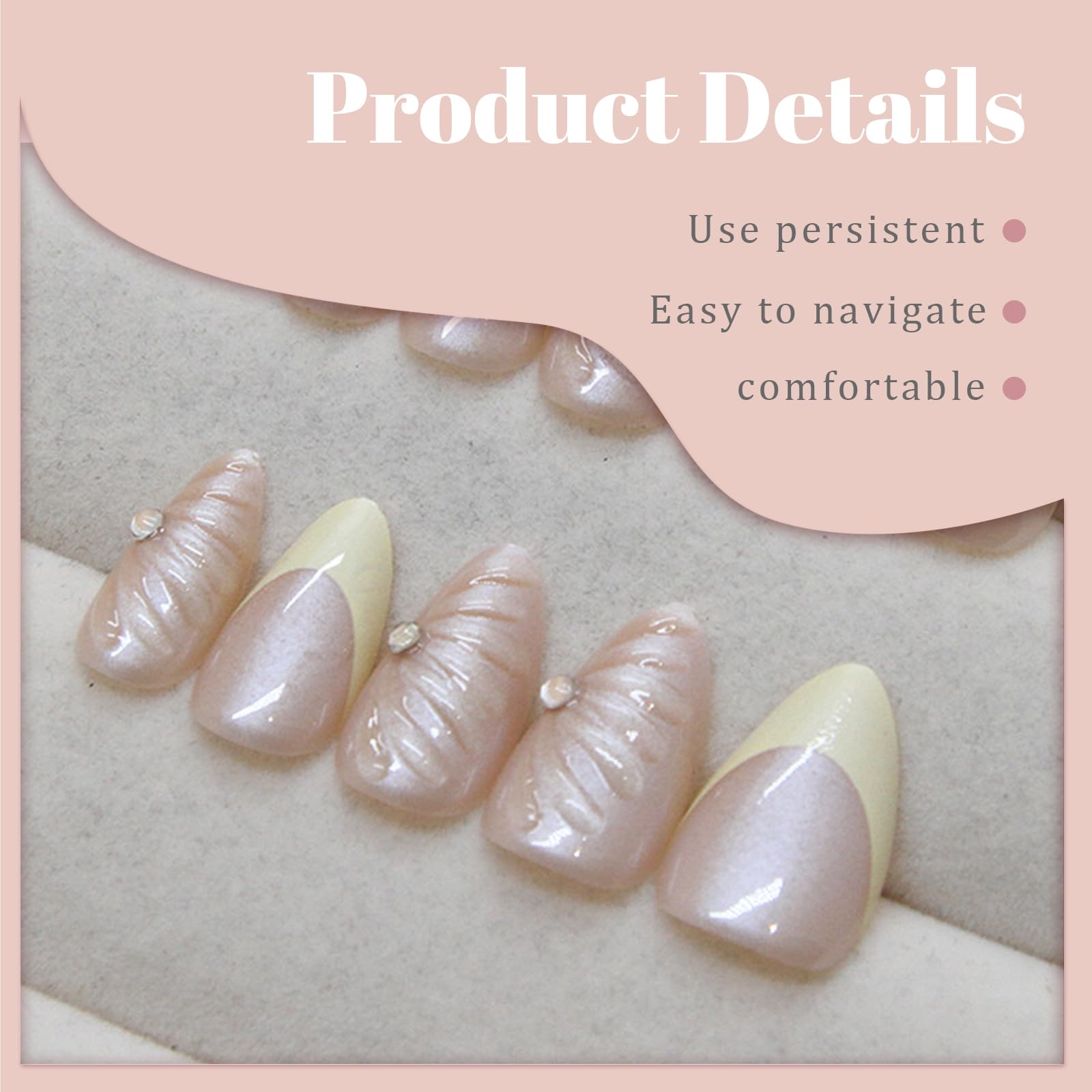 Kotkiddy 24 sztuki French Tip Press on Nails żółte średnie migdały 3D muszle linie sztuczne paznokcie z kamieniami jubilerskimi wielokrotnego użytku laserowe paznokcie akrylowe