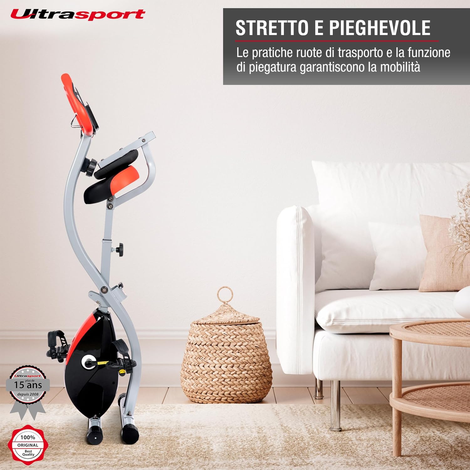 Ultrasport F-Bike 150/200, cyclette, 8 livelli di resistenza, supporto per tablet, sensori di battito manuale, pieghevole, salvaspazio, display LCD, per atleti e anziani