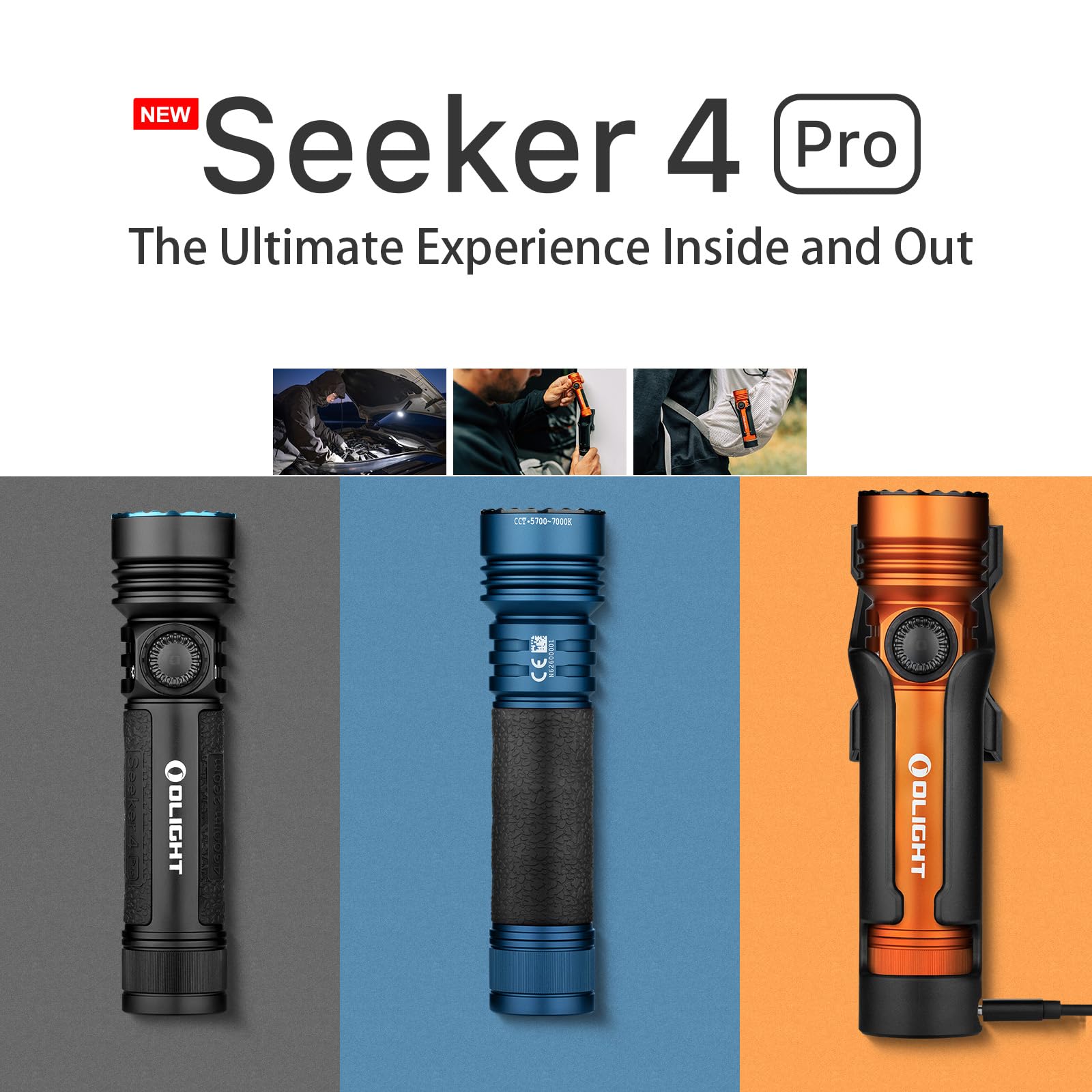 OLIGHT Seeker 4 Pro Torcia Ricaricabile Professionale Luce LED, Alta Potente 4600 Lumen, Impermeabile Due Modalità per Escursionismo, Campeggio Esterno e Uso di Emergenza (CW, Blu scuro)