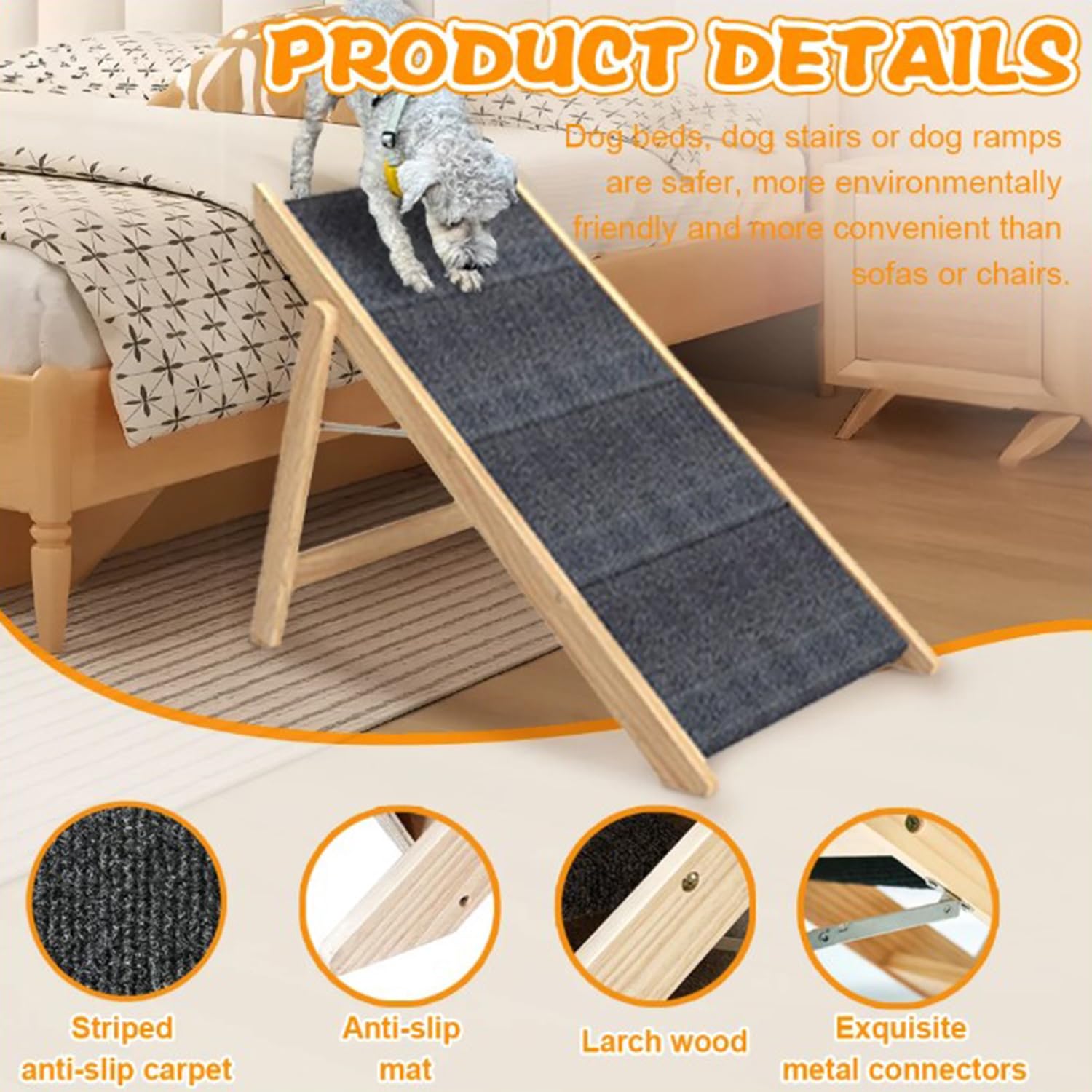 Rampa para Perros Pequeños,Rampas para Perros,Plegable,con Asa,para Camas y Sofás,con Almohadilla Antideslizante,Altura Ajustable En Cuatro Posiciones: 23-47 Cm,Apto para Perros y Gatos