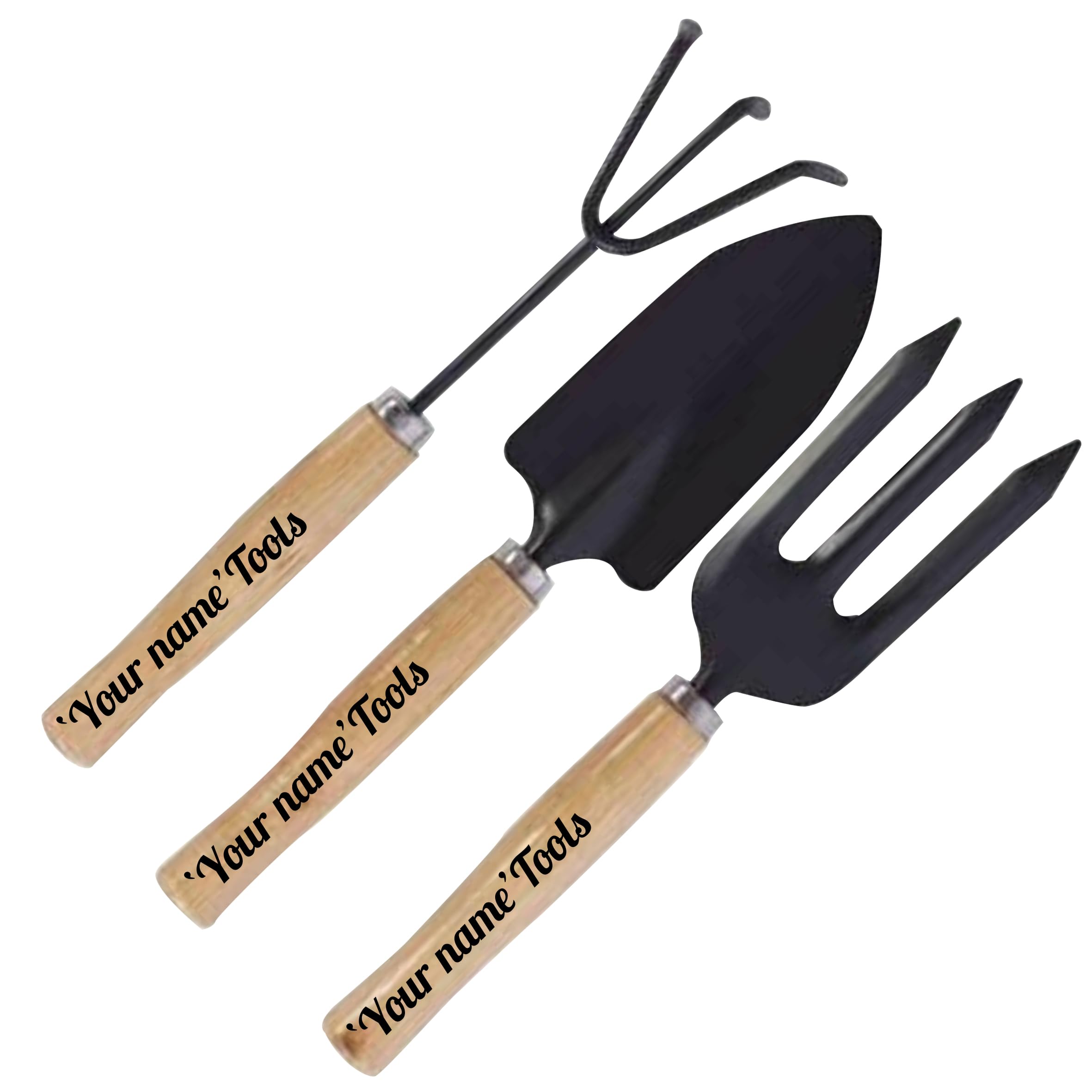 Personalised Garden Tools Set, 3-Piece Hand Tools with Custom Name, Wooden Handle Trowel Fork Cultivator